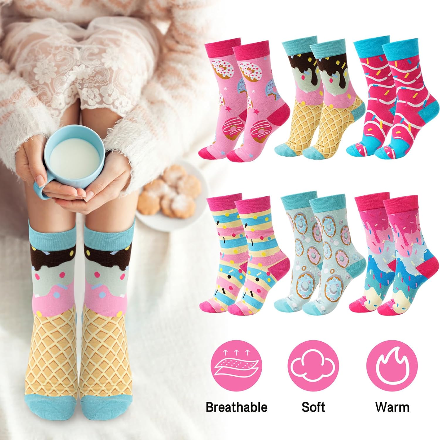 Chuarry 24 Pairs Valentine's Day Cupcake Socks Bulk, Funny Donut Ice Cream Socks for Women Girl, DIY Gift with Gift Boxes Cupcake - Image 2