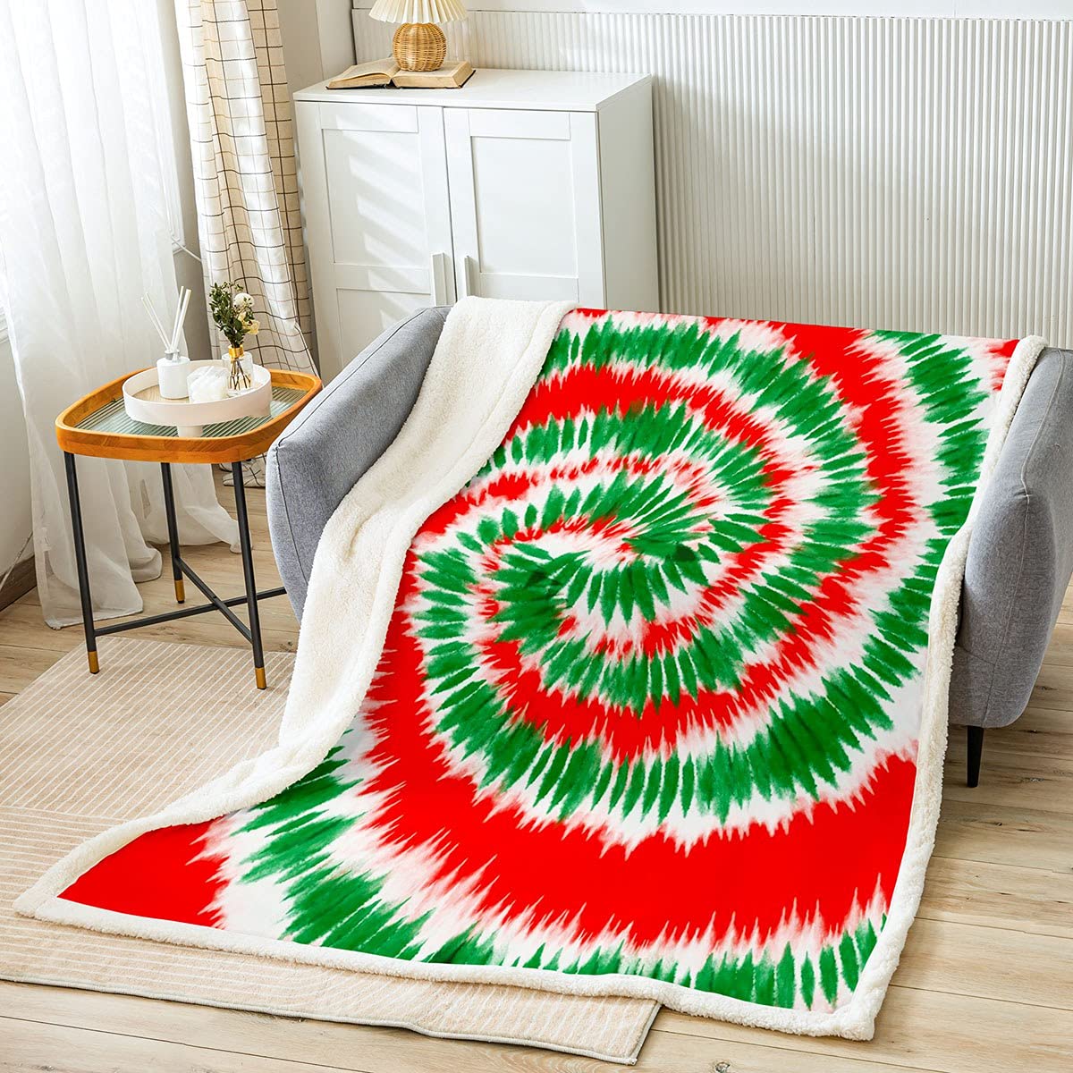 Loussiesd Tie Dye Fleece Blanket Red Green Boho Trippy Swirl Throw Blanket for Bed Sofa Ultra Soft Bohemian Gypsy Sherpa Blanket Christmas Flannel Baby 30x40 Inch