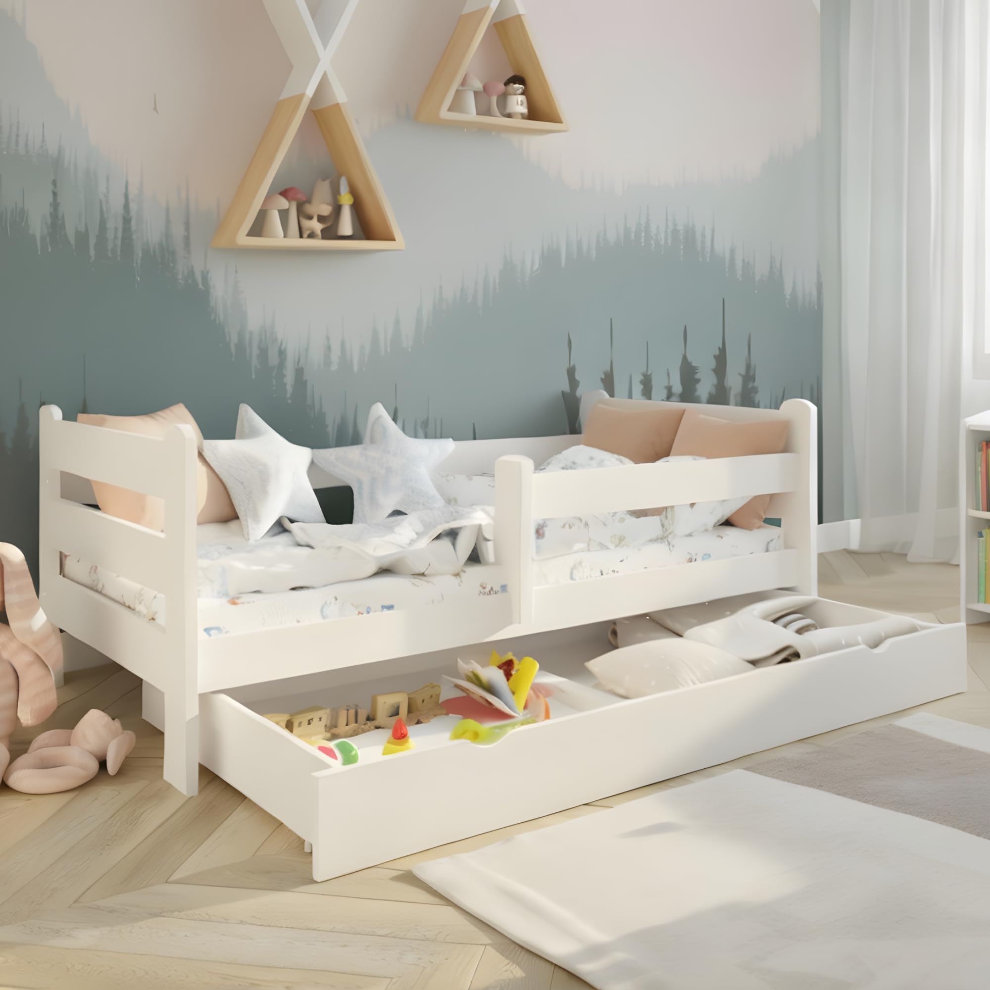 Kids Collective Kinderbett 80x160 cm Kinder Bett Jugendbett Juniorbett | Mit Rausfallschutz & Schublade | Stabiles Kiefernholz | 80×160 cm von 3. bis 10. Lebensjahr | Weiß