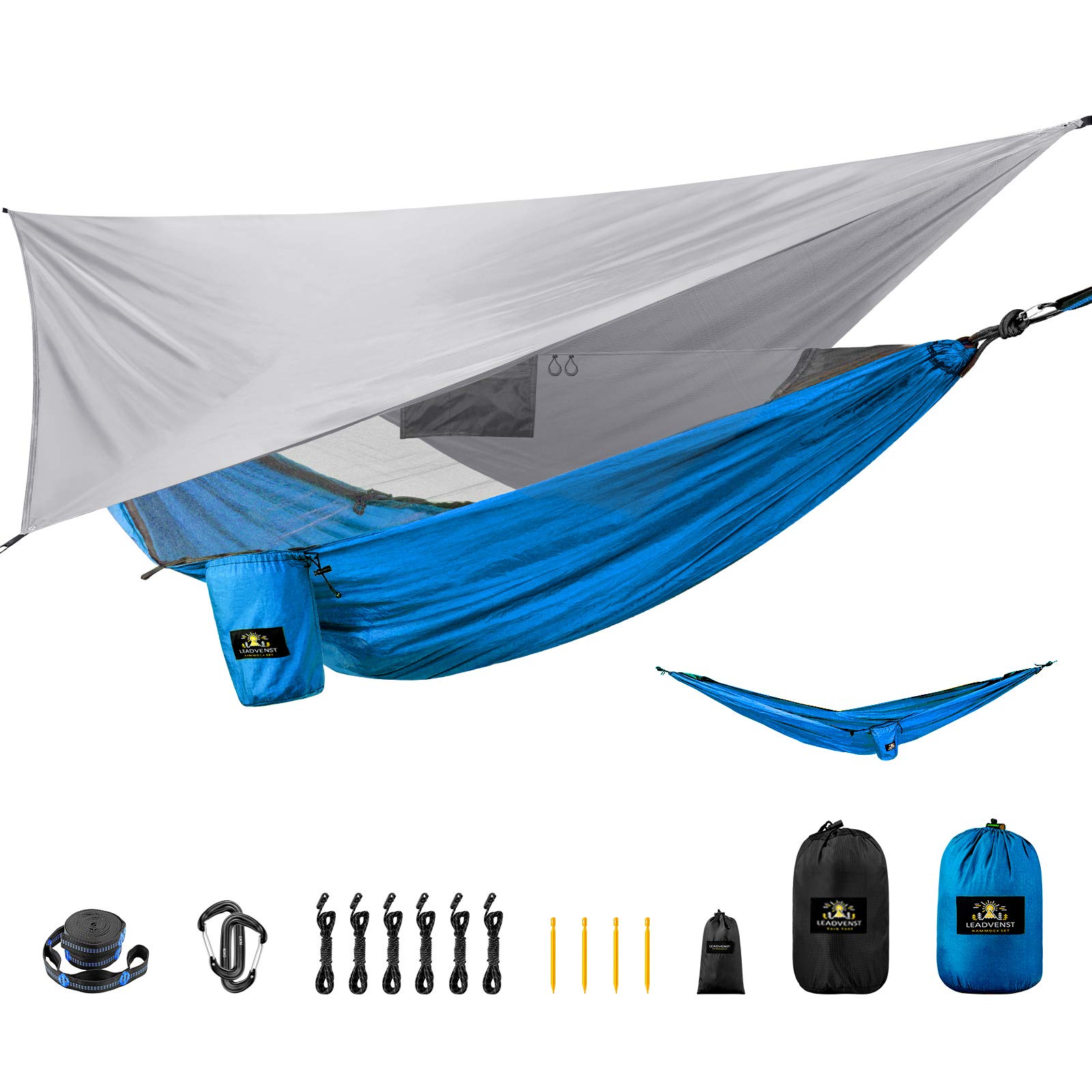 Camping Hammock - Portable Single Person Hammock w/ Tree Straps Mosquito Net Rain Fly - Lightweight Travel Hiking Backpacking Hammocks - Parachute Nylon Hammock - Camping Accessories Gear Blue