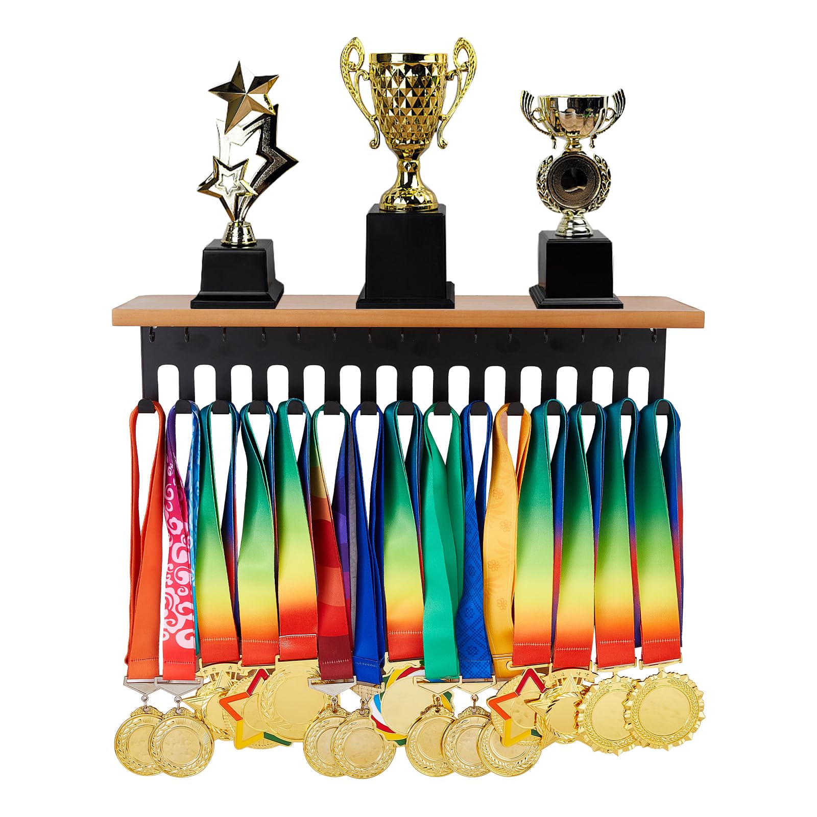 SUPERDANT Porta Medaglie in Legno e Mensola per Trofei Portamedaglie da Muro con 30 Gancio Espositore Porta Medaglie Espositore da Parete per Medaglie Regali per Atleti