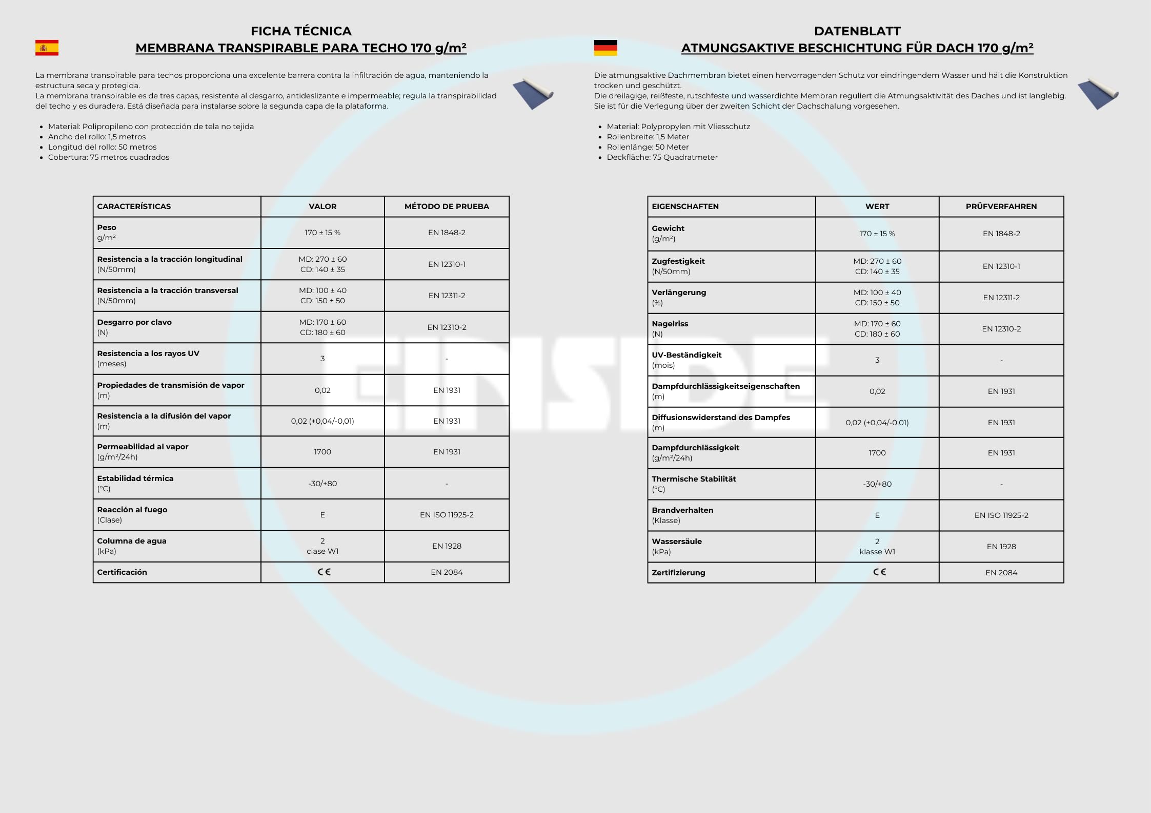 EINSIDE Telo membrana traspirante impermeabile tetto 170 g/m², 1,5x50 m | Copertura: 75 m², SD = 0,02 m, Class W1