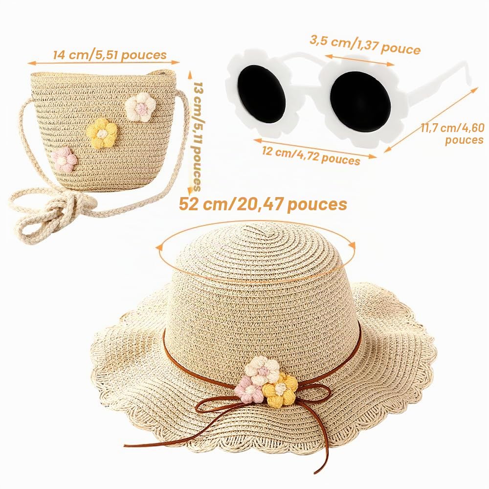 Chapeau De Soleil Et Sac en Tricot De Paille 3 Pièces,Lunette De Soleil,Chapeau Paille Enfant 3-8 Ans avec Décoration Florale pour Accessoires Voyage Extérieur(Blanc Crème)