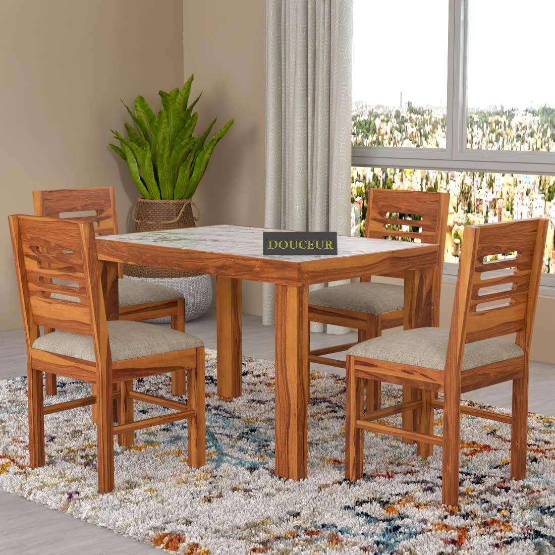 Teak Wood Dining Dining Table With Marble Top Seater Douceur