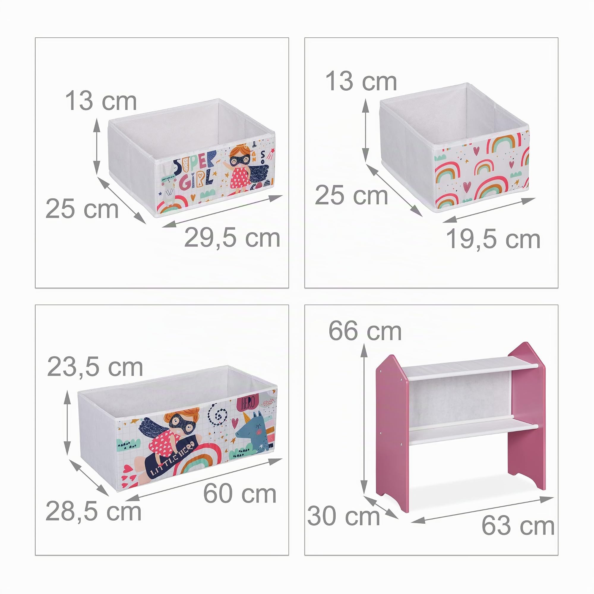 Relaxdays Estantería Infantil con 6 Cajas, 66x63x30 cm, Organizador Juguetes Superheroína, Mueble Juguetero, Multicolor