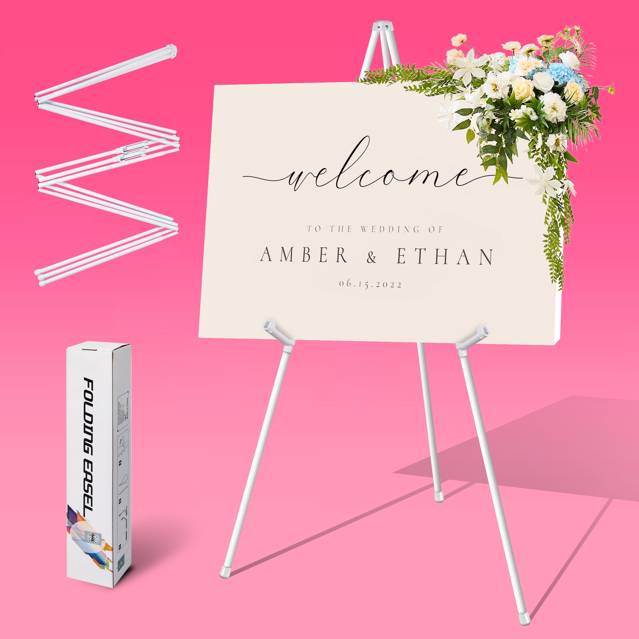 VAIIGO Caballete blanco para carteles de boda, caballete de exhibición de carteles, caballete de arte plegable para suelo ajustable de 168 cm, caballete de metal instantáneo para exhibir pintura,