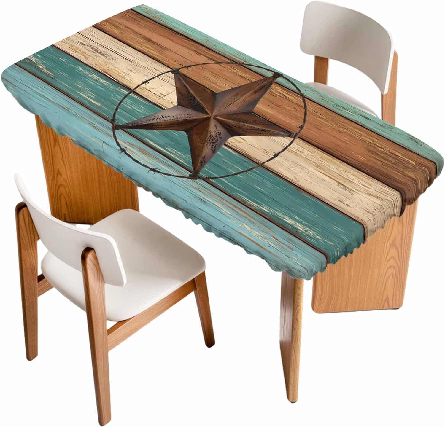 Western Fitted Tablecloth Elastic Edge Table Cover Farm Country Iron Star on Wood Board Waterproof Outdoor Table Cloths Teal Brown Wood Grain Tablecloth for Holiday Party Events 5ft Tables Decor