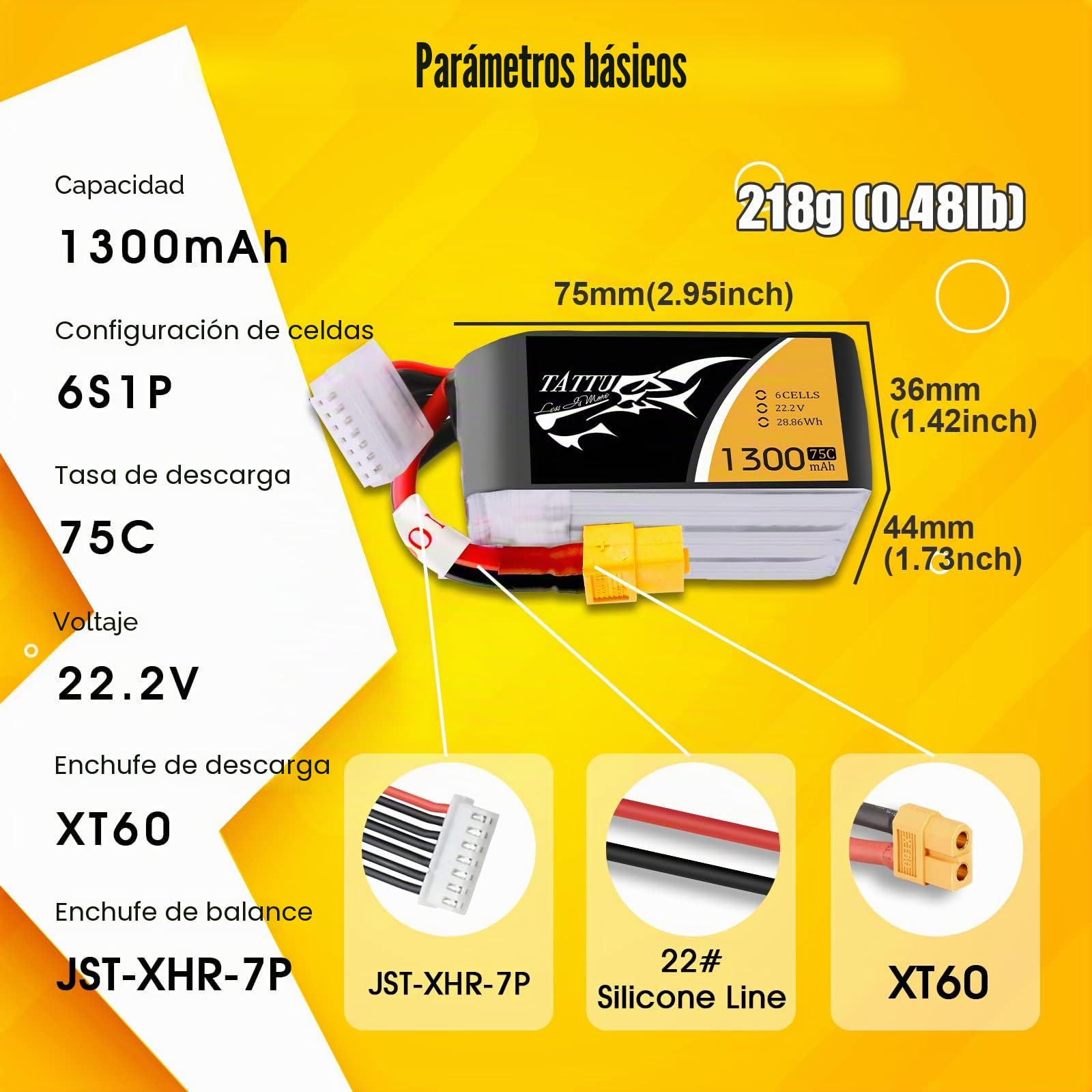 TATTU 6S Lipo 1300 mAh 22,2 V 75C Soft Case Lipo Batería con conector XT60 para UAV Drone FPV Carrera RC Quadrocopter