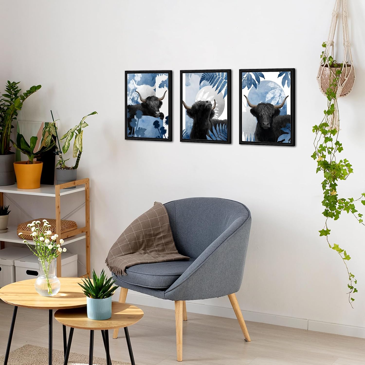 NutArtPic Highland Cow Wall Art Black Cattle with Botanical Pictures Prints Navy Blue and Black Wall Decor Set of 3 Prints Farmhouse Decor 12''x16''x3 panels (blue)