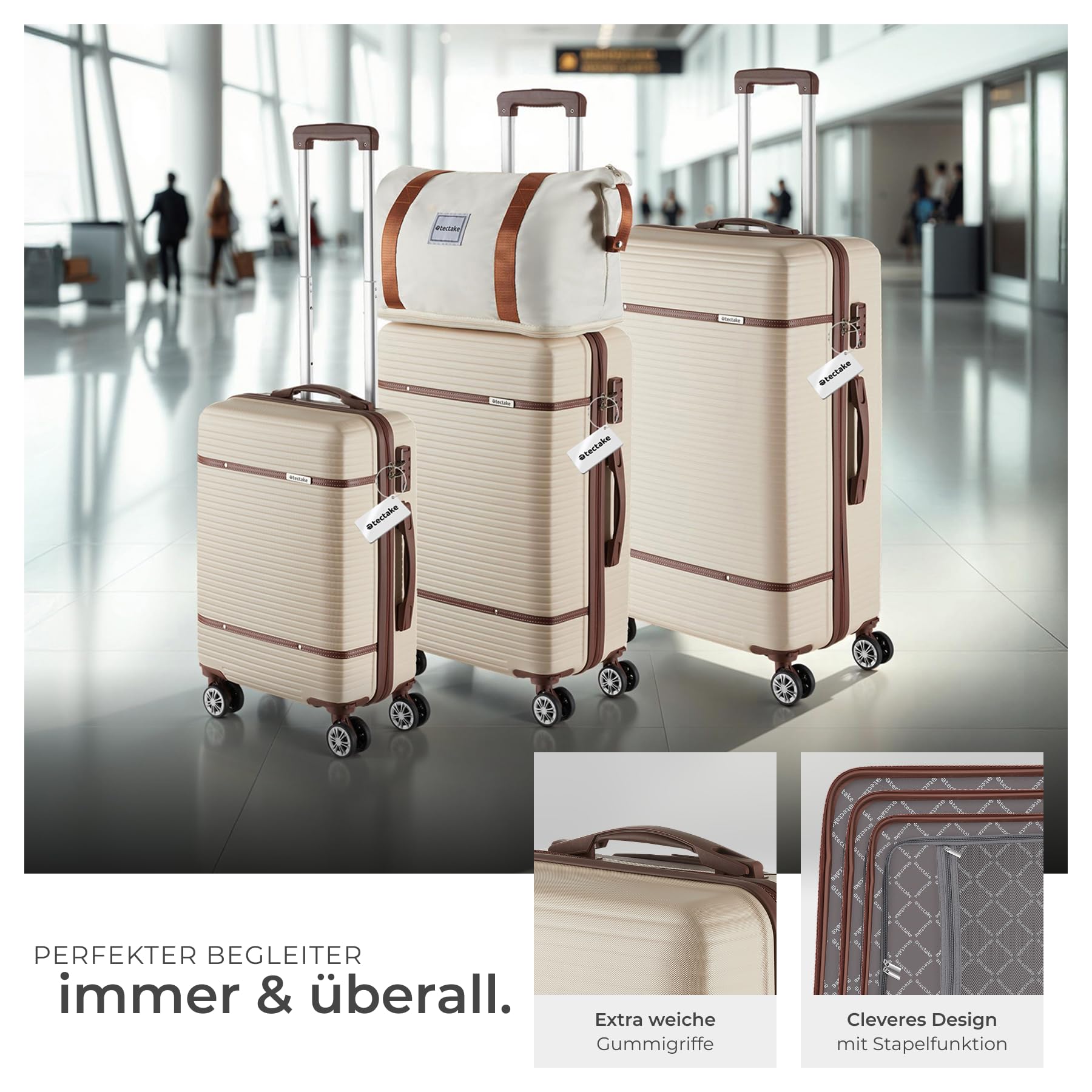 tectake® 13-TLG. Koffer Set mit Reisetasche, Koffer & Trolleys, Reisekoffer mit Rollen, Kofferset mit 3X Koffer groß und Tasche, Hartschalenkoffer mit TSA Schloss - Creme