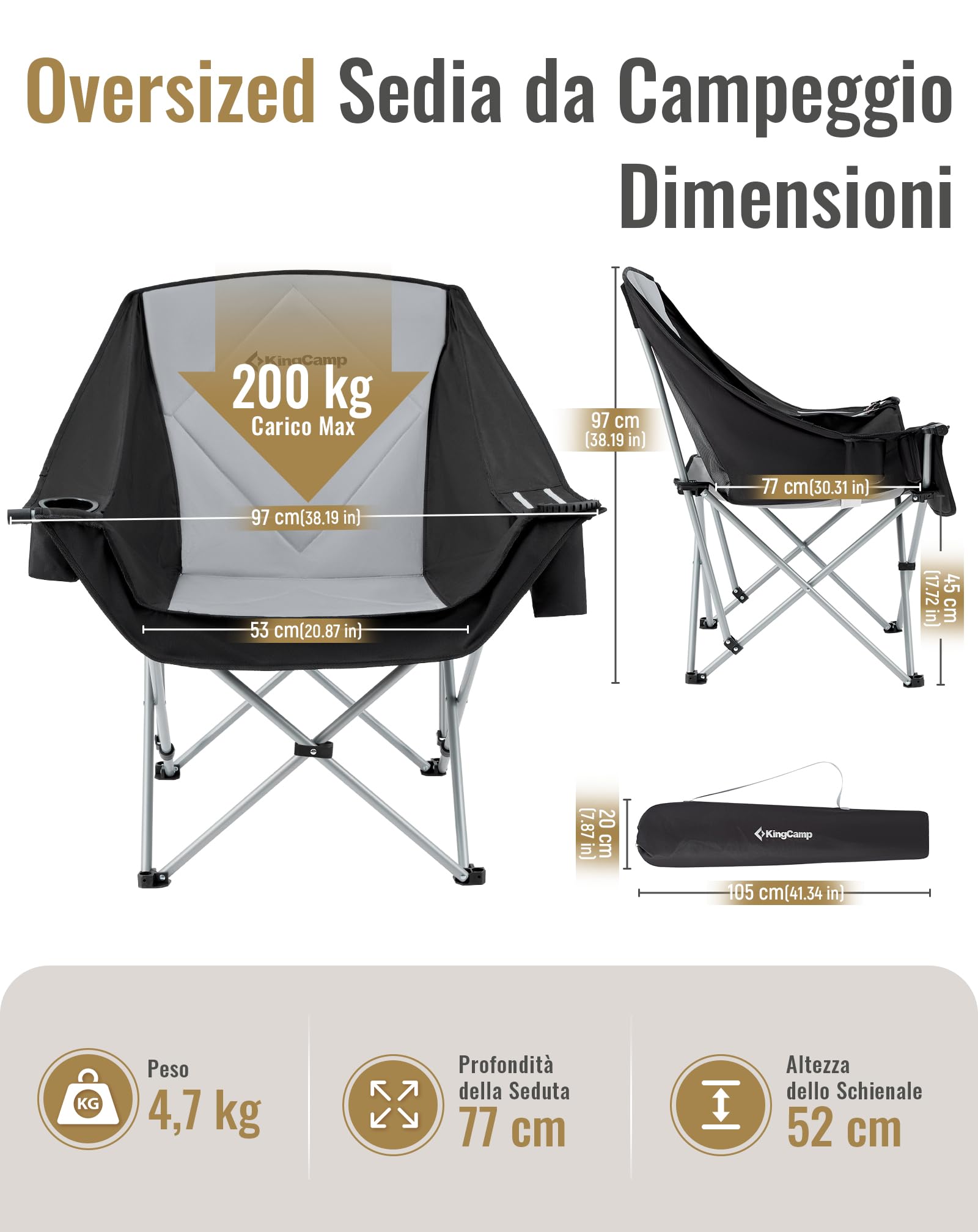 KingCamp Sedia da Campeggio Pieghevole per 2 Persone, Carico Max 300 kg, Imbottito Portatile Poltrona Sedie a 1 2 e 3 Posti da Campeggio per Adulto, Durevole Sedia Divano per Giardino Picnic Balcone