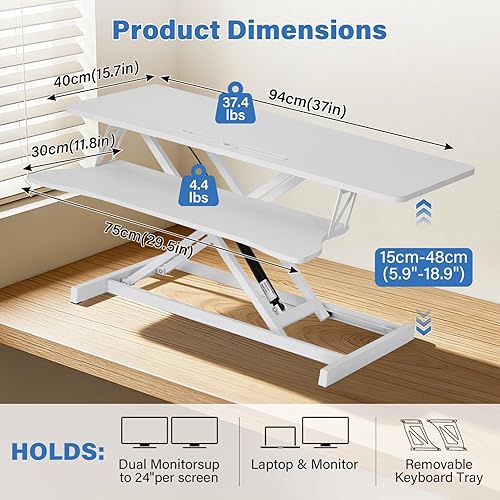Miniatura 4 de Convertidor de escritorio de pie de 37 pulgadas, resorte neumático manual, convertidor de escritorio estable de dos monitores, estación de trabajo