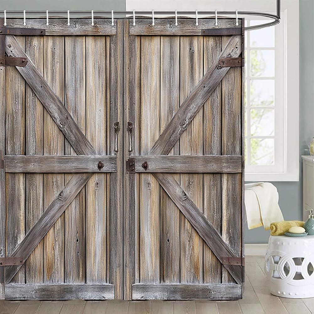 JAWO Barn Door Shower Curtain, Farmhouse Rustic Western Texas Star Shower Curtain, Cabin Garage Door Waterproof Bathroom Set with Hooks, 70X78inches, Brown