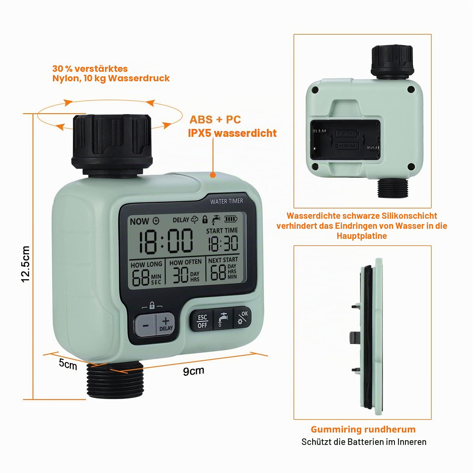 Bewässerungs-Timer Garten-Rasen-Wasserhahn Sprinkler-Timer Bewässerungssystem-Steuerung/Kindersicherungsmodus/Auto- und manueller Modus/Regenverzögerung/IPX5 wasserdicht