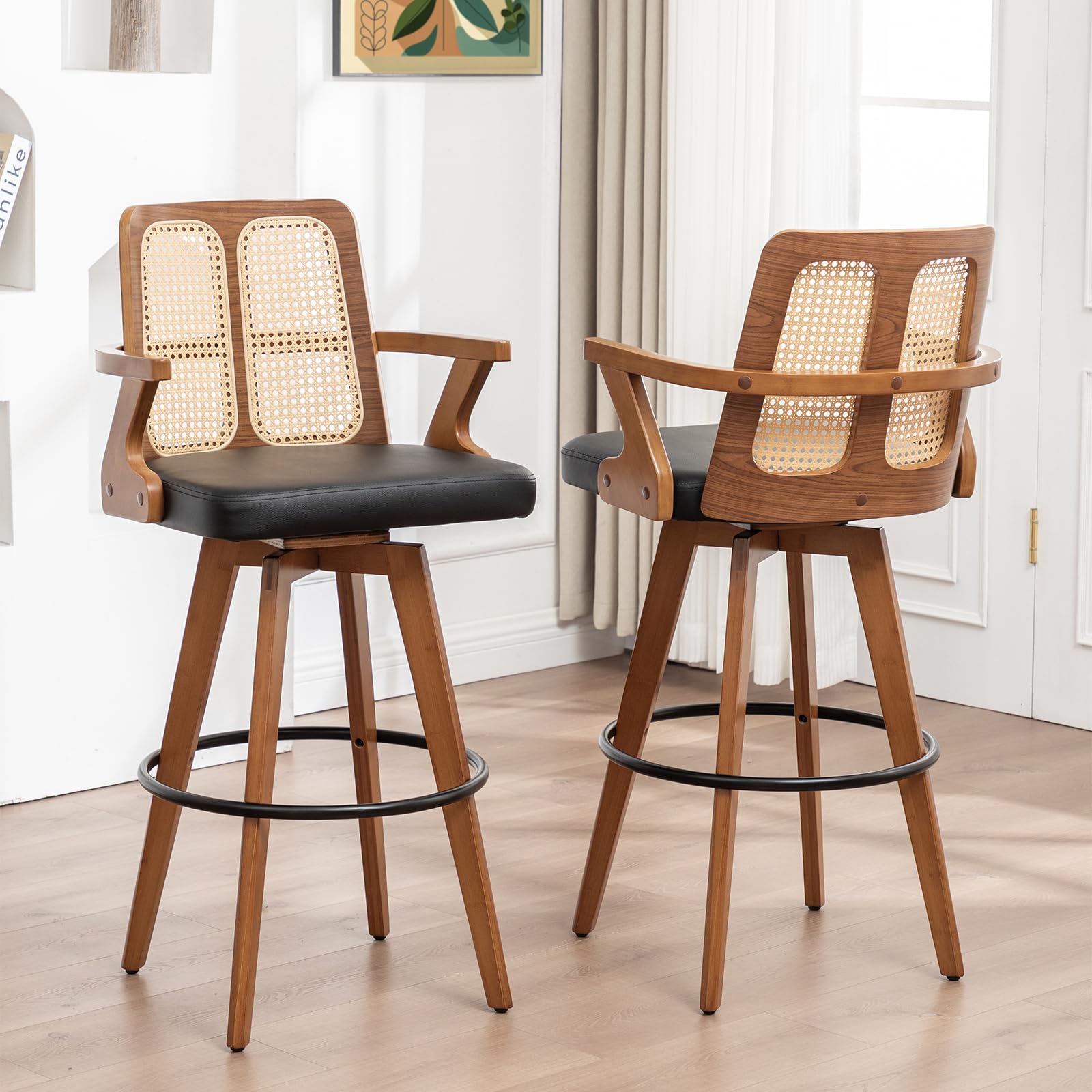 Counter Height Bar Stools Set of 2 - 26 inch Kitchen Island Stools with Rattan Back, Curved Arms, Walnut Craftsmanship,Faux Leather, Swivel CounterStools for Kitchen/Island (27" Seat Height, Black)