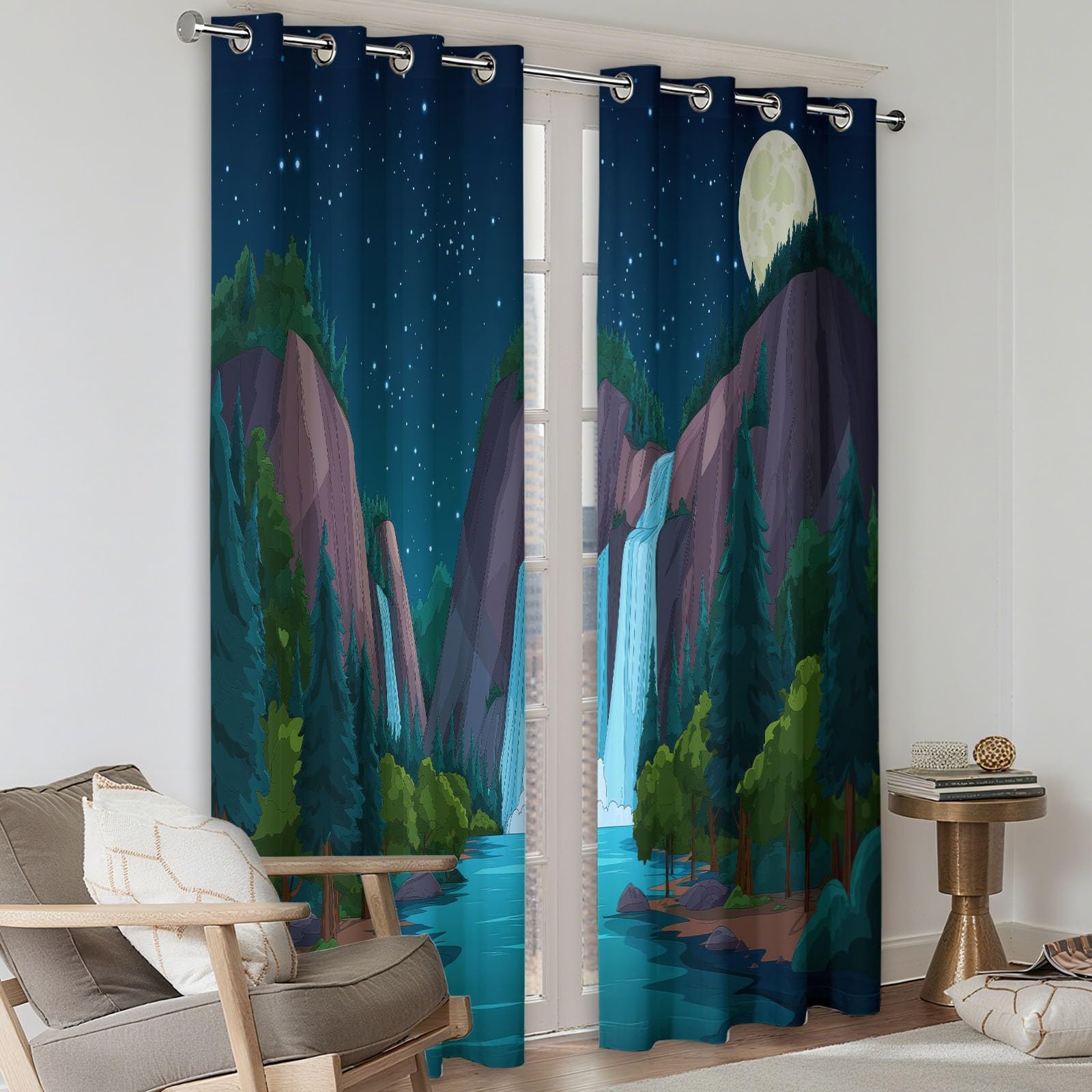 Berge Wasserfall Sternenhimmel 2er Set Verdunkelungsvorhänge mit Ösen, Cartoon Blickdicht Thermo Isoliert Vorhänge für Wohnzimmer & Schlafzimmer, HxB 214 x 91.5 cm