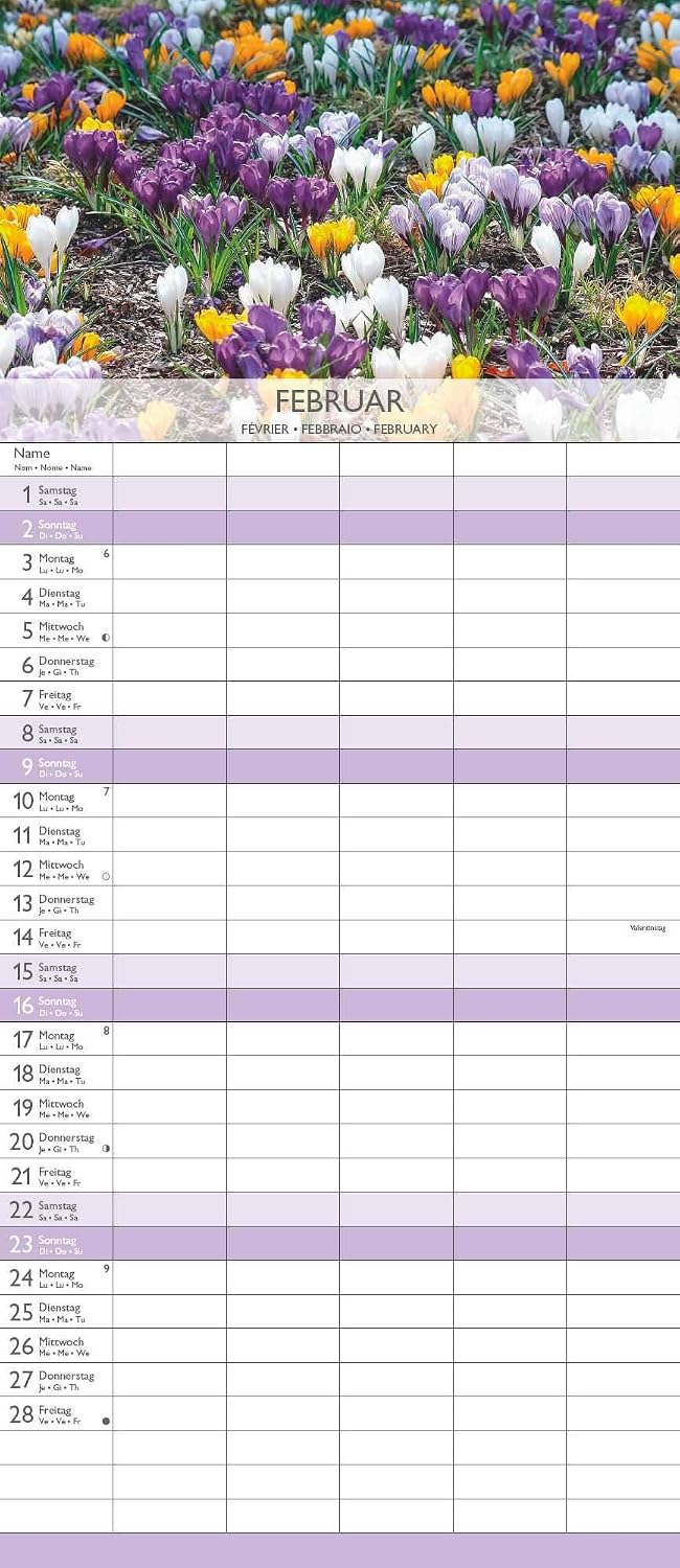 Alpha Edition - Gardens 2025 Family Planner, 19.5 x 45 cm, Family Calendar with 5 Columns for Appointments, Moon Phases, Calendar Weeks, Holiday Dates DE/AT/CH and International Calendar