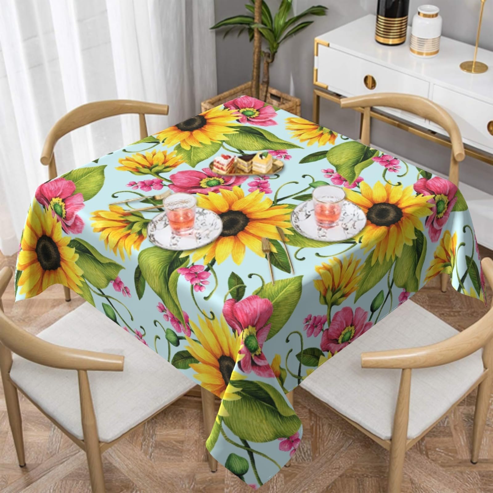 FJQWKLF Spring Summer Tablecloth 54×54 Inch Square Sunflower Table Cloth Water-Resistant Spill-Proof Washable Fabric Tablecover for Kitchen Dining Party Picnic Indoor Outdoor