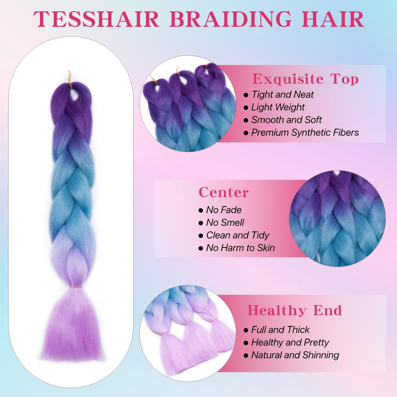 tesshair Braiding Hair Extensions 24 Inch Jumbo Braiding for Twist Braiding Synthetic Fashion Braids Extensions Hair Natural Braid Extensions for Women Grils (Dark Purple/Blue/Light Purple - Image 4