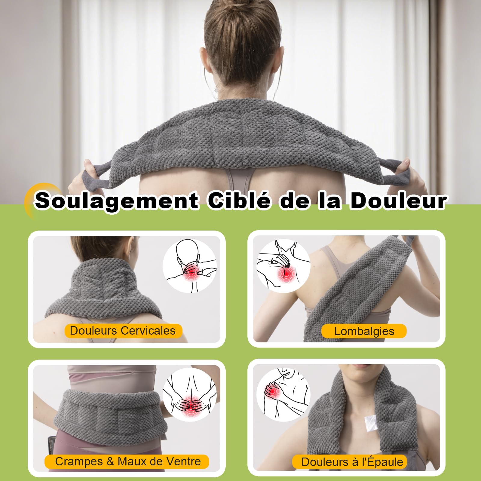 uncn Longue Coussin Chauffant du cou Cervicales Micro Onde 84×15CM, Bouillotte Micro-Onde, graine de lin,noyaux cerises,grande poche chauffante nuque epaule et dos,ventre