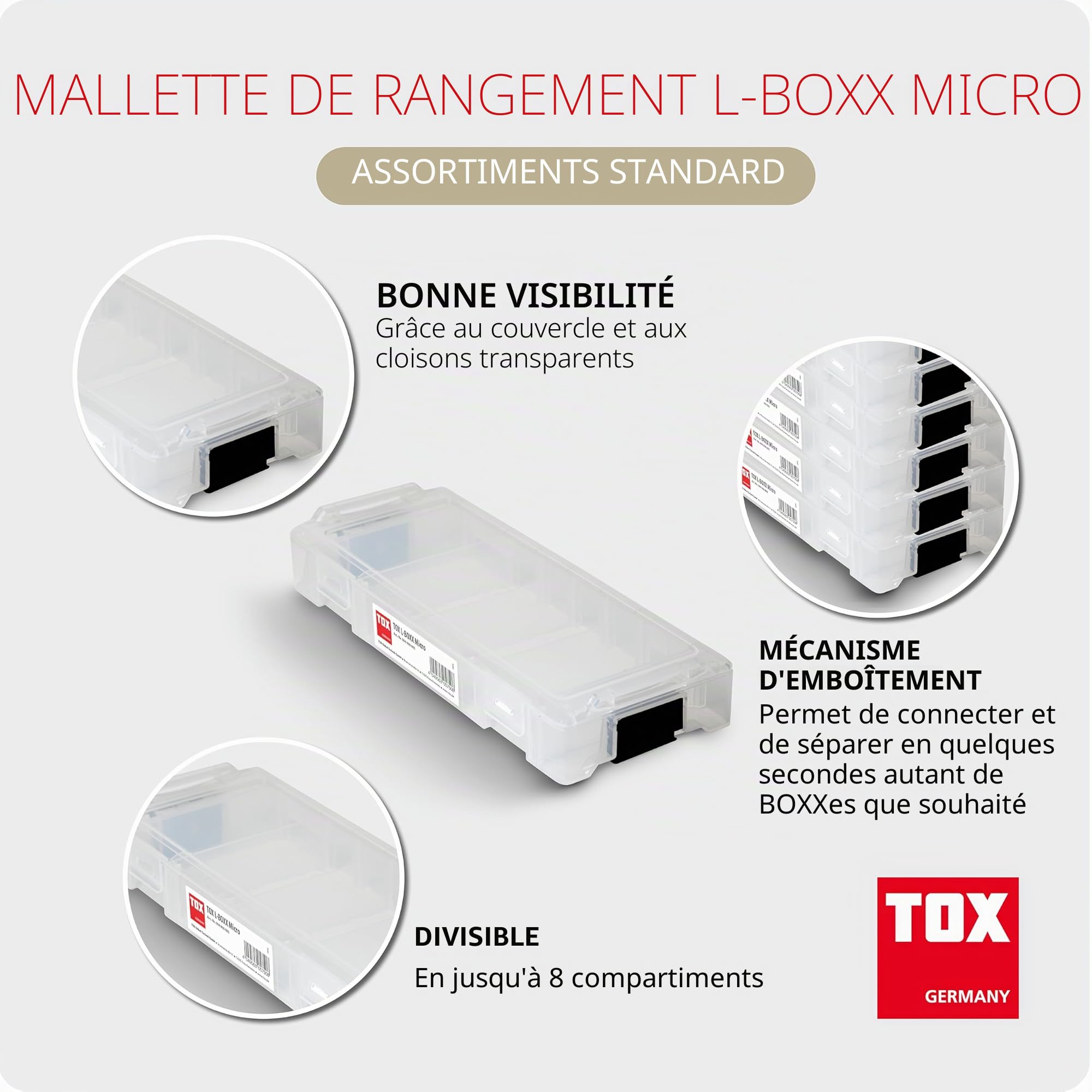 Coffret TOX L-BOXX Micro en lot, empilable et encliquetable avec le système L-BOXX, divisible en 8 compartiments, rangement pour chevilles et vis, transparent, lot de 5 pièces, 094909145