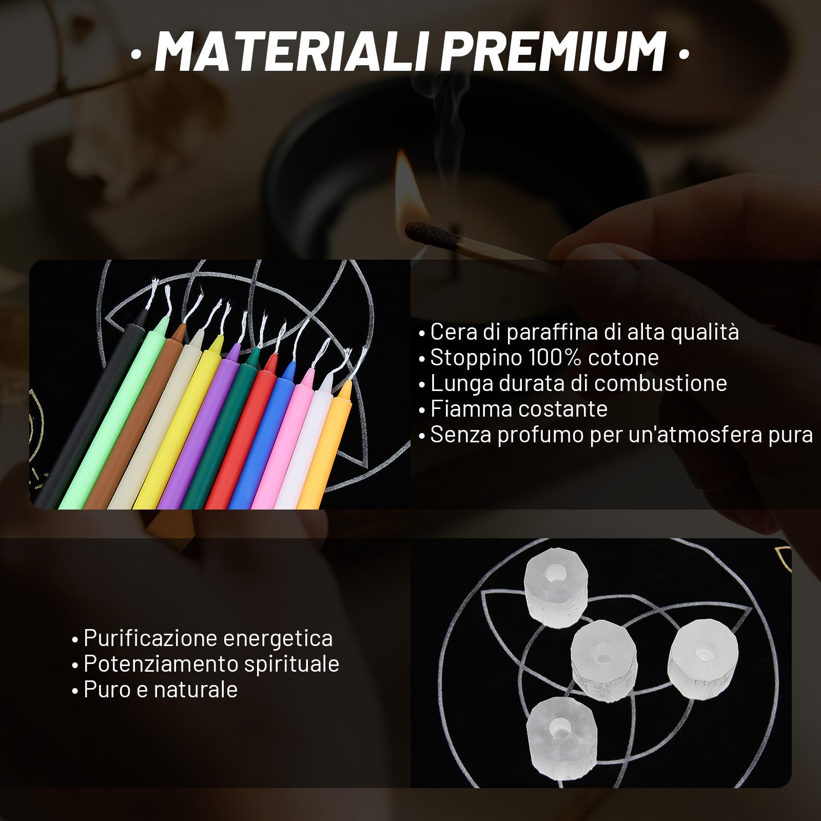 Set di 48 candele magiche con 4 portacandele in selenite su misura – candele colorate per stregoneria, rituali, meditazione, altare – Stabilità garantita, combustione sicura