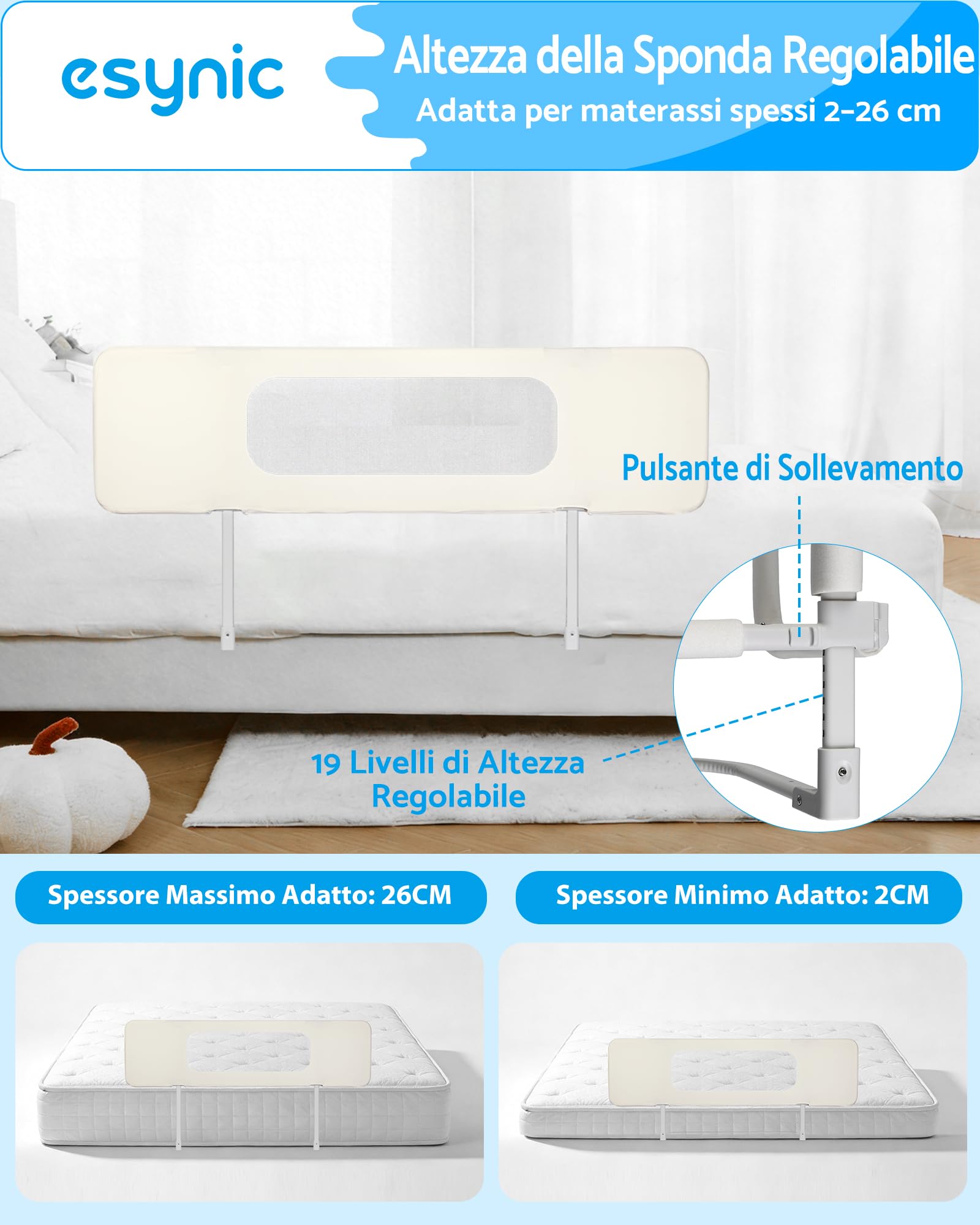 eSynic Barriera Letto Bambini 150cm, Pieghevole e Portatile da Viaggio, Altezza Regolabile su 19 Livelli da 2-26cm, Sponda Lettino a Tre Ante per Piccoli 0-5 Anni, Forma Variabile a L, U e I - Beige