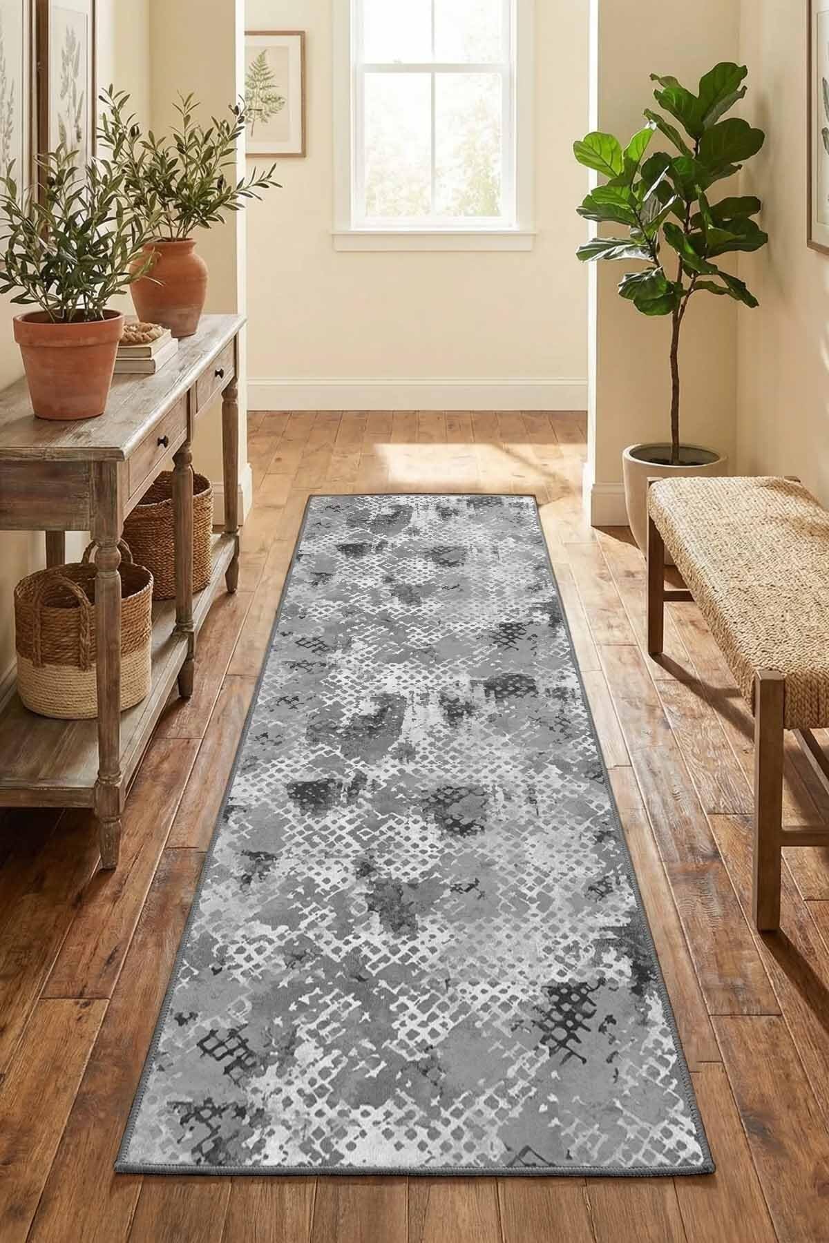 Monnhein Gri Yolluk 1260 - Yıkanabilir, Kaymaz Taban, Dijital Baskılı, Leke Tutmaz, İnce Hav, Modern Koridor, Mutfak, Antre ve Salon için Dekoratif Yolluk