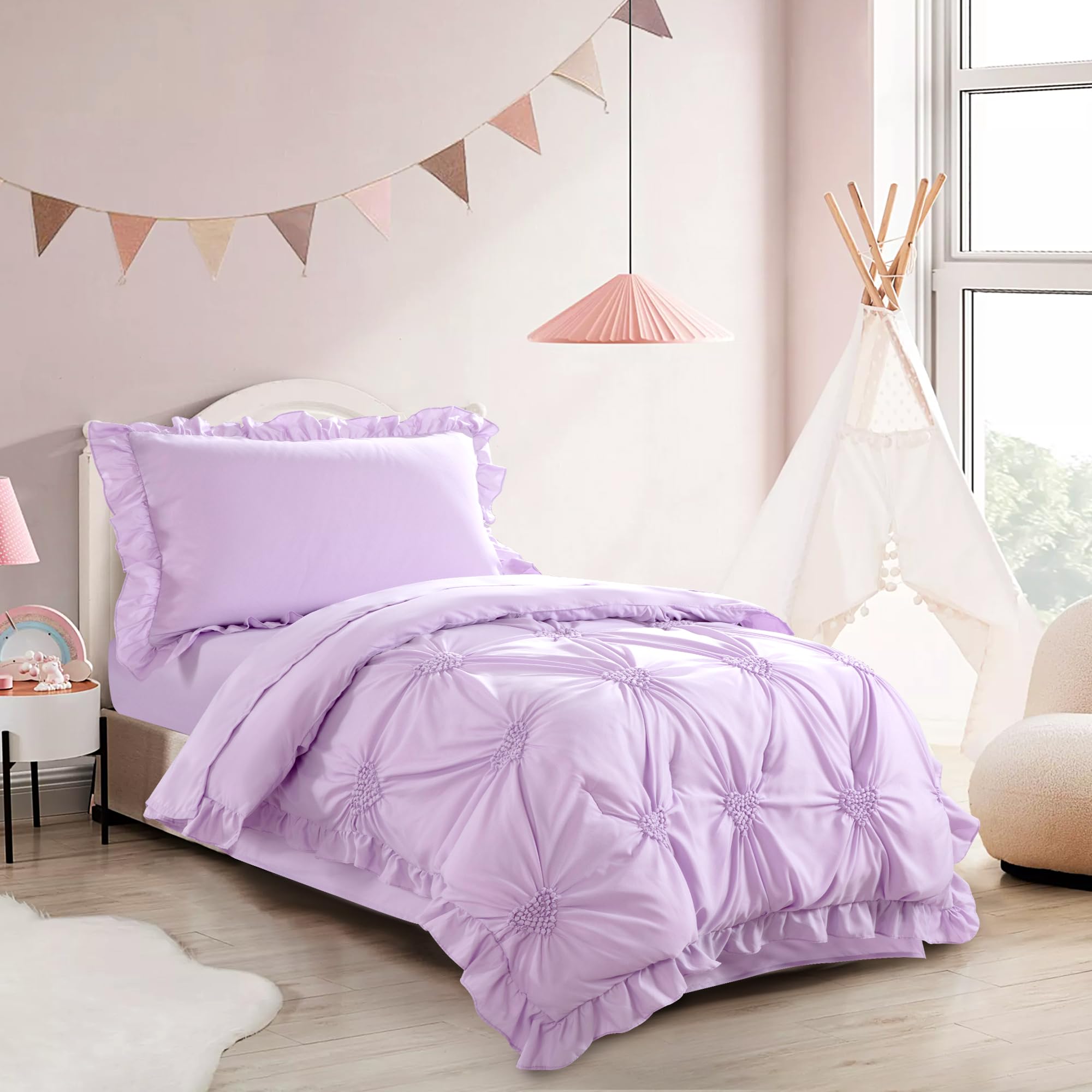 HOMBYS Juego de ropa de cama de princesa púrpura de 4 piezas para niñas y niños, juego de edredón plisado ultra suave con volantes para todas las estaciones