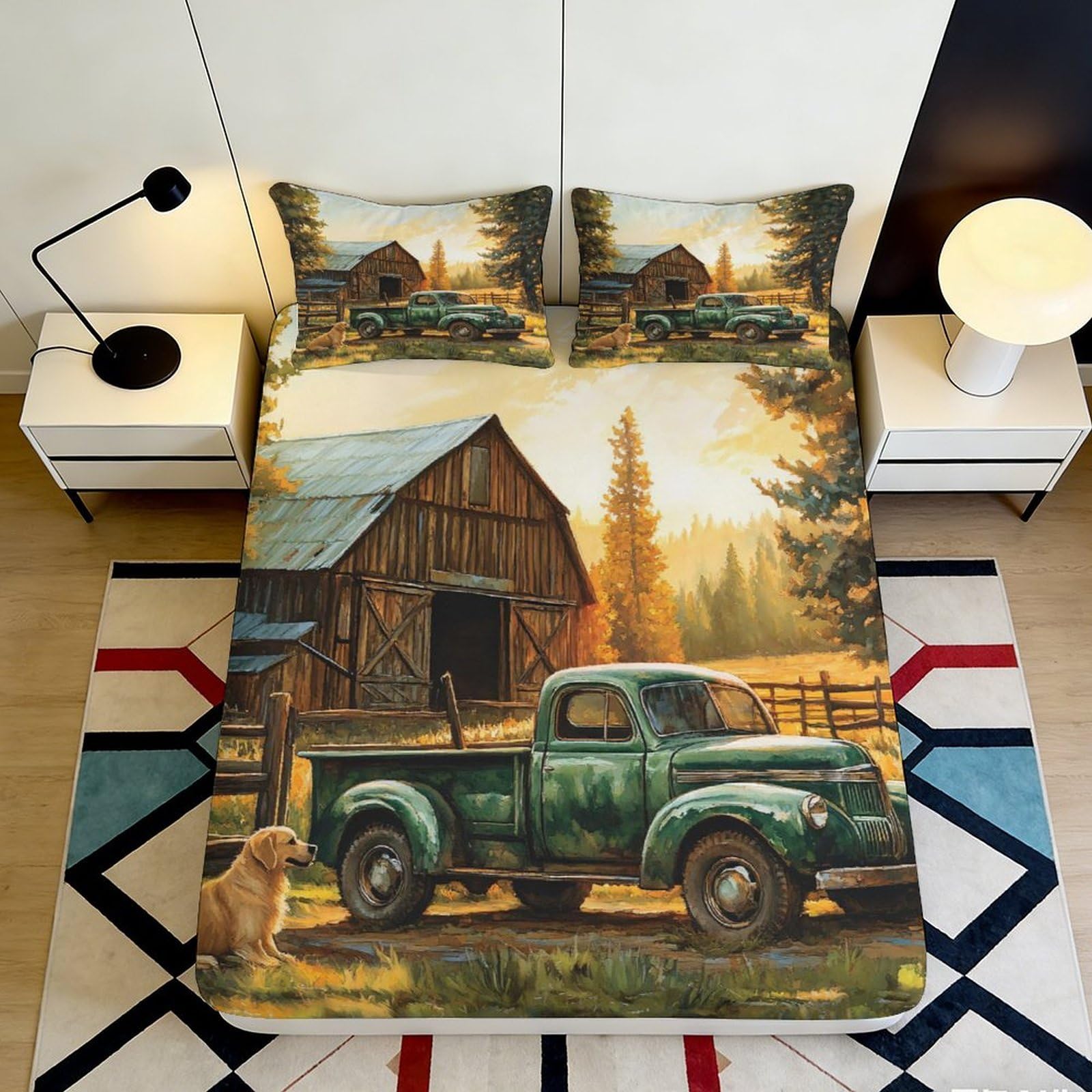 3D Printed Vintage Green Truck Fitted Sheet Microfiber Rustic Barn Bed Cover for Bedroom Guest Room Decor 90x200x25cm