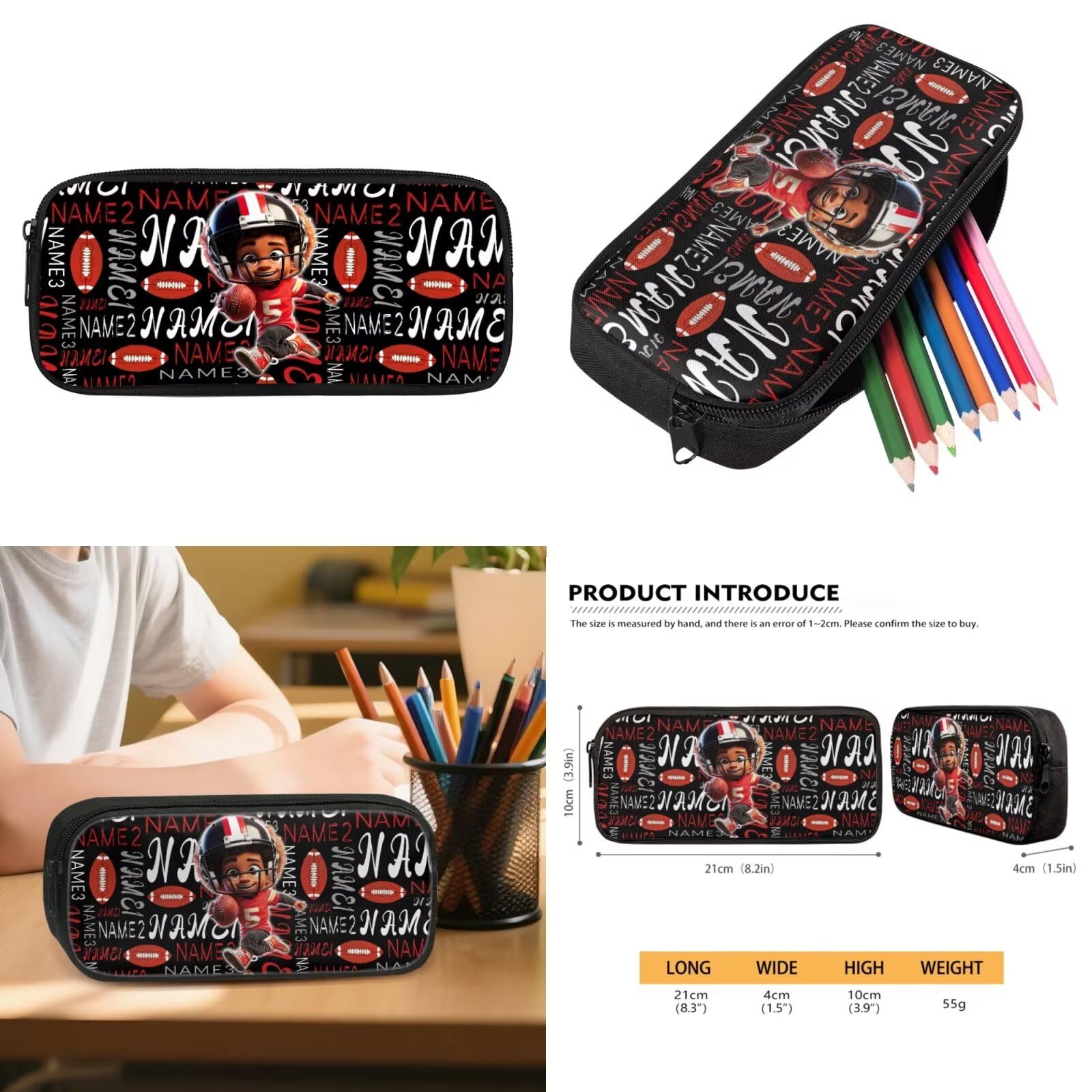 Howilath Zaino per bambini ragazze ragazzi con set portapranzo isolato, set di zaino per la scuola elementare 4 in 1, Nome personalizzato Football Player Boy, L, Classico