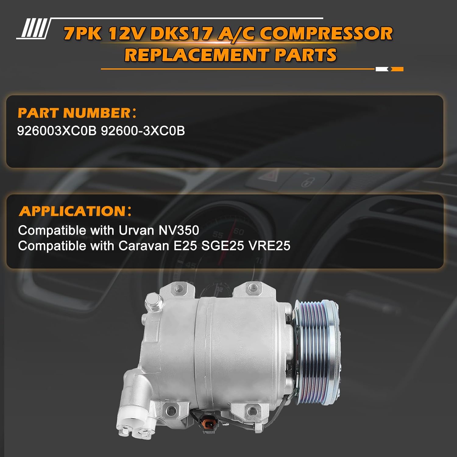 7PK 12V DKS17 Air Conditioning Compressor 926003XC0B 92600-3XC0B A/C Compressor Compatible with Urvan NV350 Compatible with Caravan E25 SGE25 VRE25 AC Compressor Replacement Parts