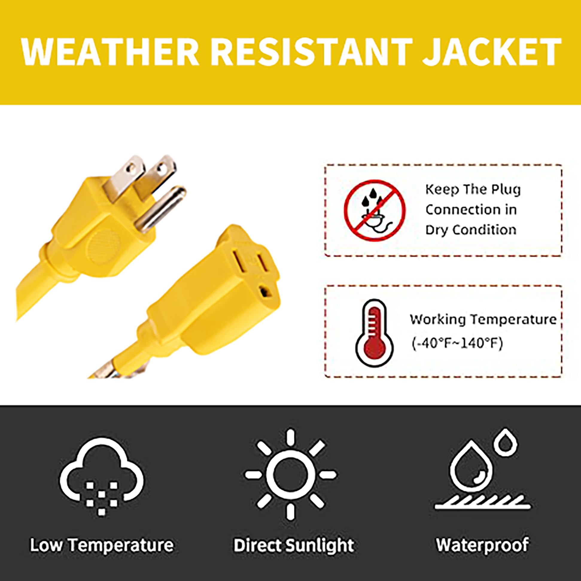 Cable de extensión para exteriores, 3 m, 14/3 calibre 14, 3 puntos, SJTW, cable de extensión amarillo resistente con enchufe de 3 pines para mayor seguridad, certificado UL