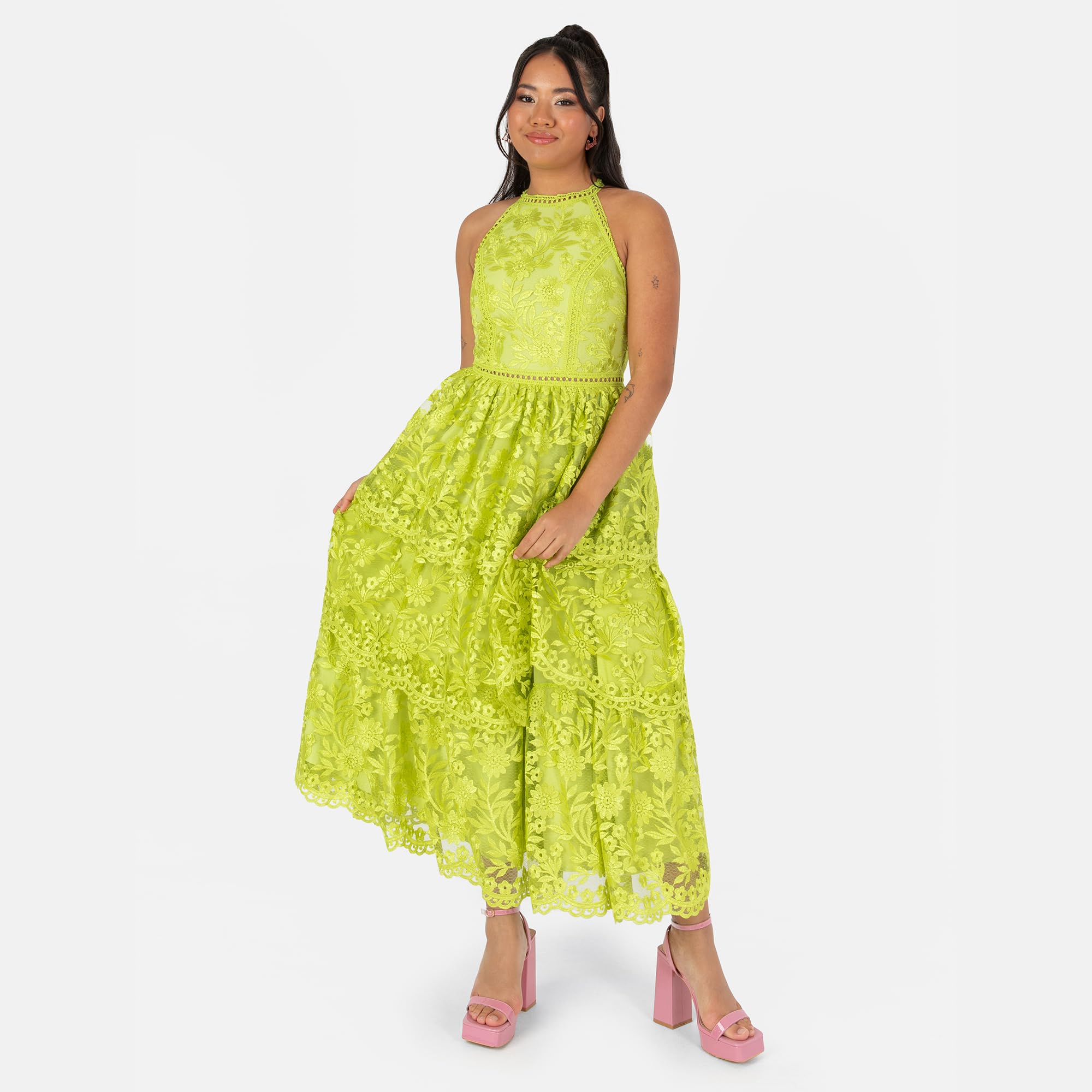 Women's Ladies Midi Dress Halterneck Sleeveless Tiered Skirt Floral Lace A-line for Wedding Guest Evening Occasion Prom