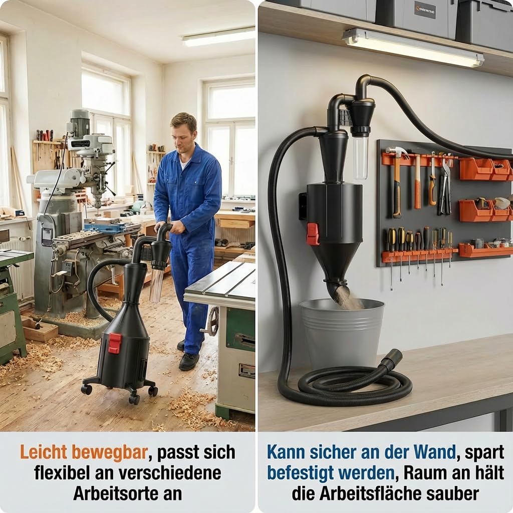 Zyklonabscheider mit Behälter 50mm/2'', Beweglich oder Feststehend mit Staubauffangbehälter Geeignet zum Trennen von Holzspänen, Staub, Metallspänen, Kunststoff, Textilien, Laub und Haaren