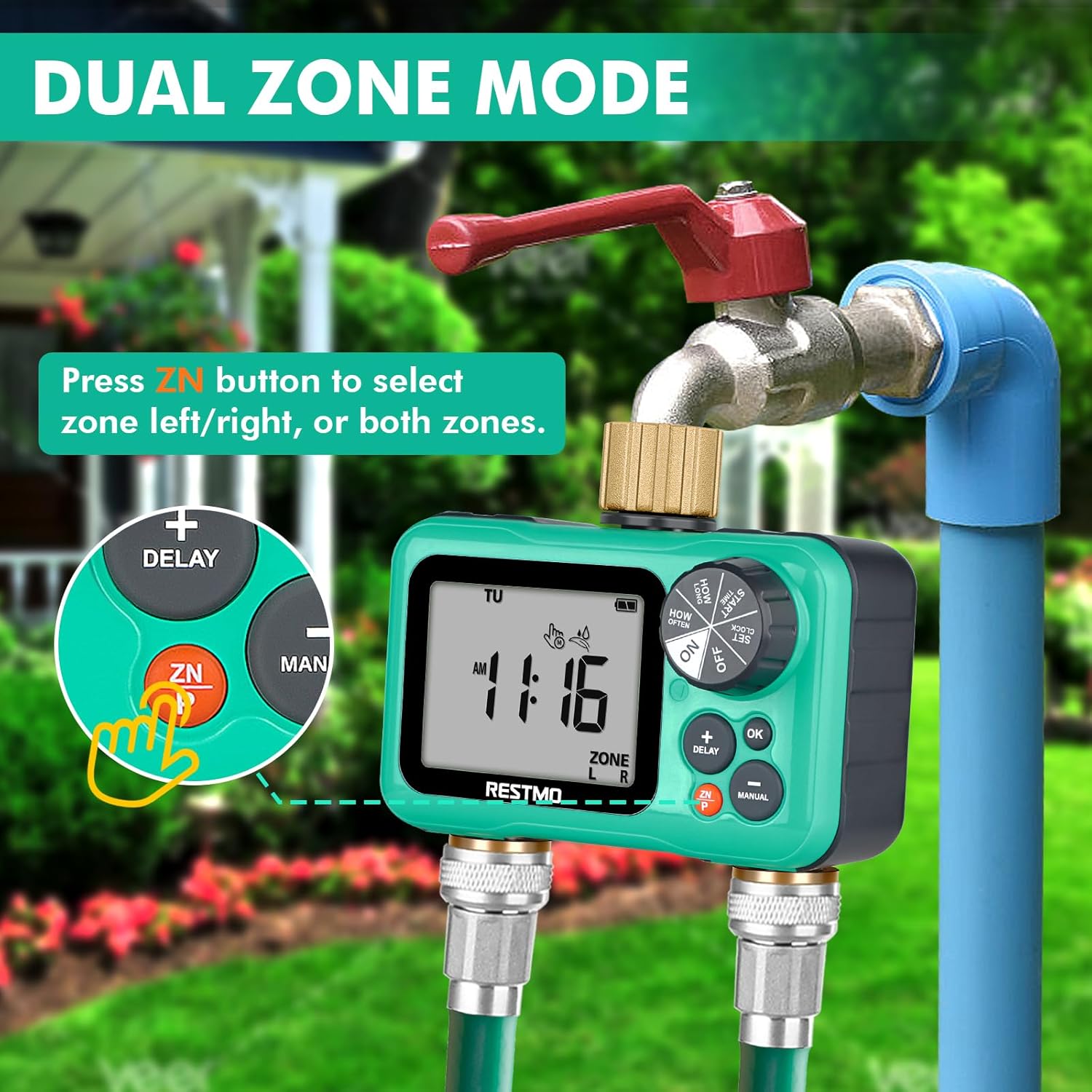 Image showing the dual zone mode of the RESTMO Sprinkler Timer, indicating how to select left or right zone.