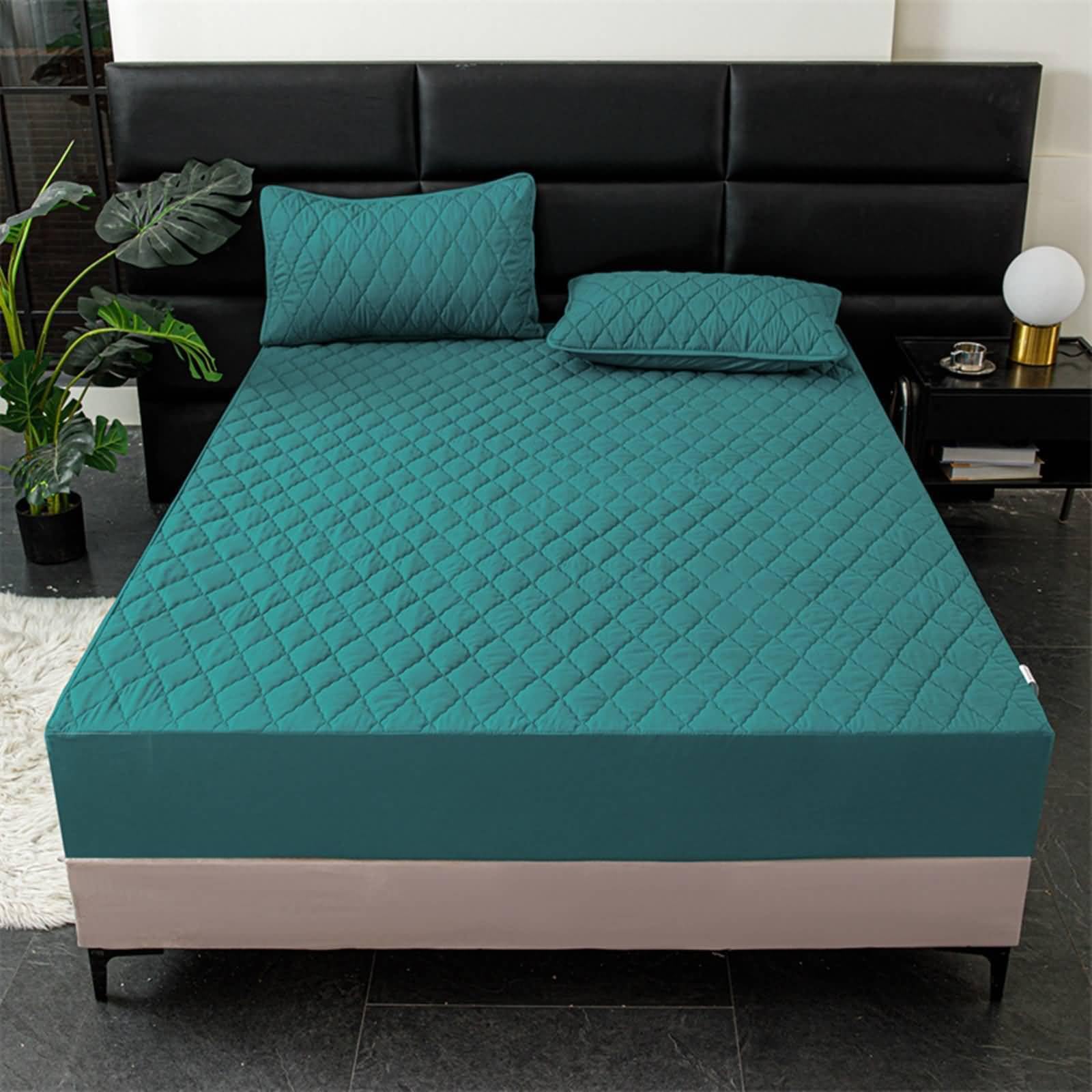 Pack de 3 Piezas Sabana Bajera Elastica Poliéster Algodón, Color Sólido con Patrón de Rombo, 180 x 200 CM + 2 Fundas de Almohada, Sábanas Bajera Verde Oscuro