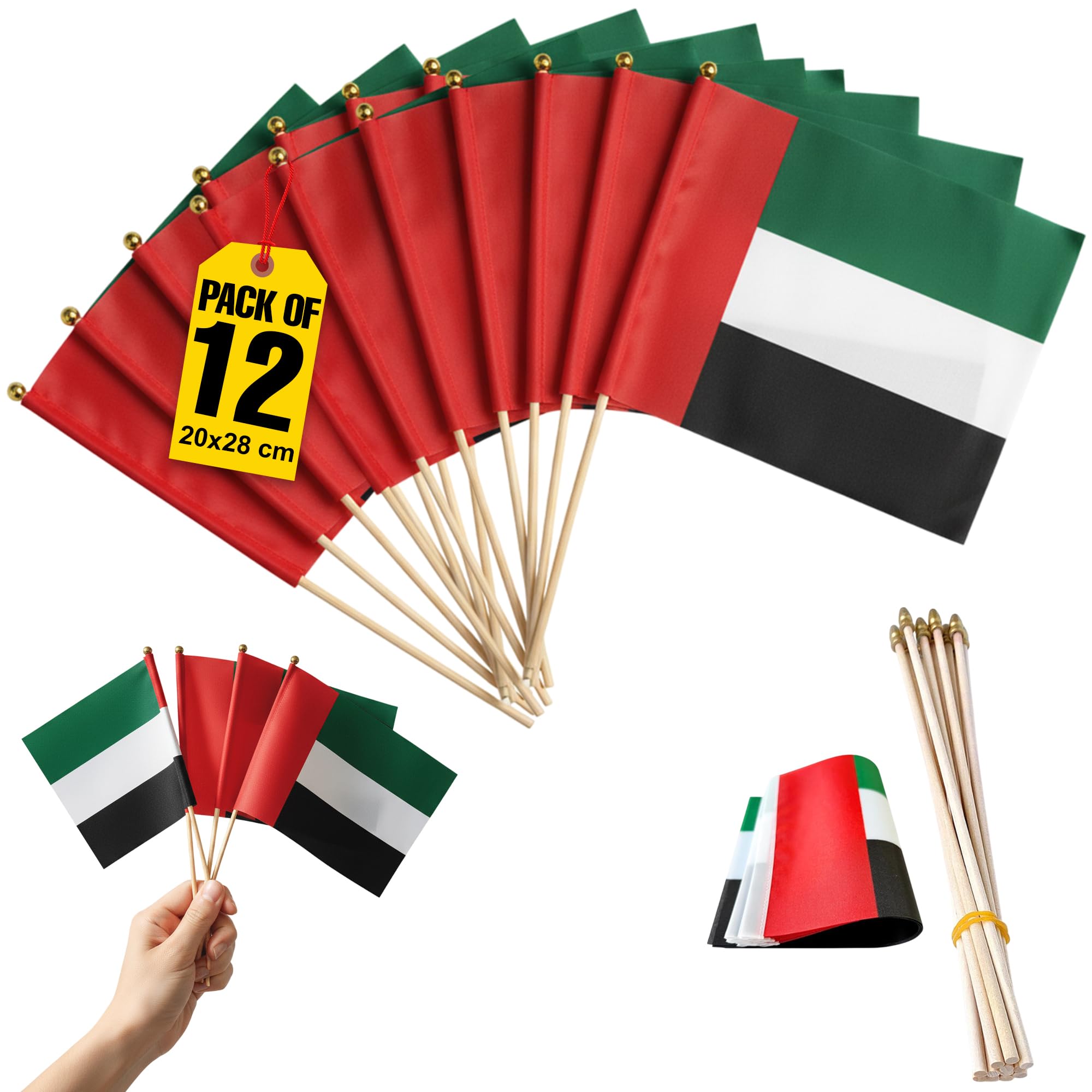 MARKQ UAE Flag on Stick – Pack of 12 | 20 × 28 cm Small Handheld United Arab Emirates Flags for National Day, Dubai Events, School Activities, Flag Day, Parades & Party Celebration Supplies