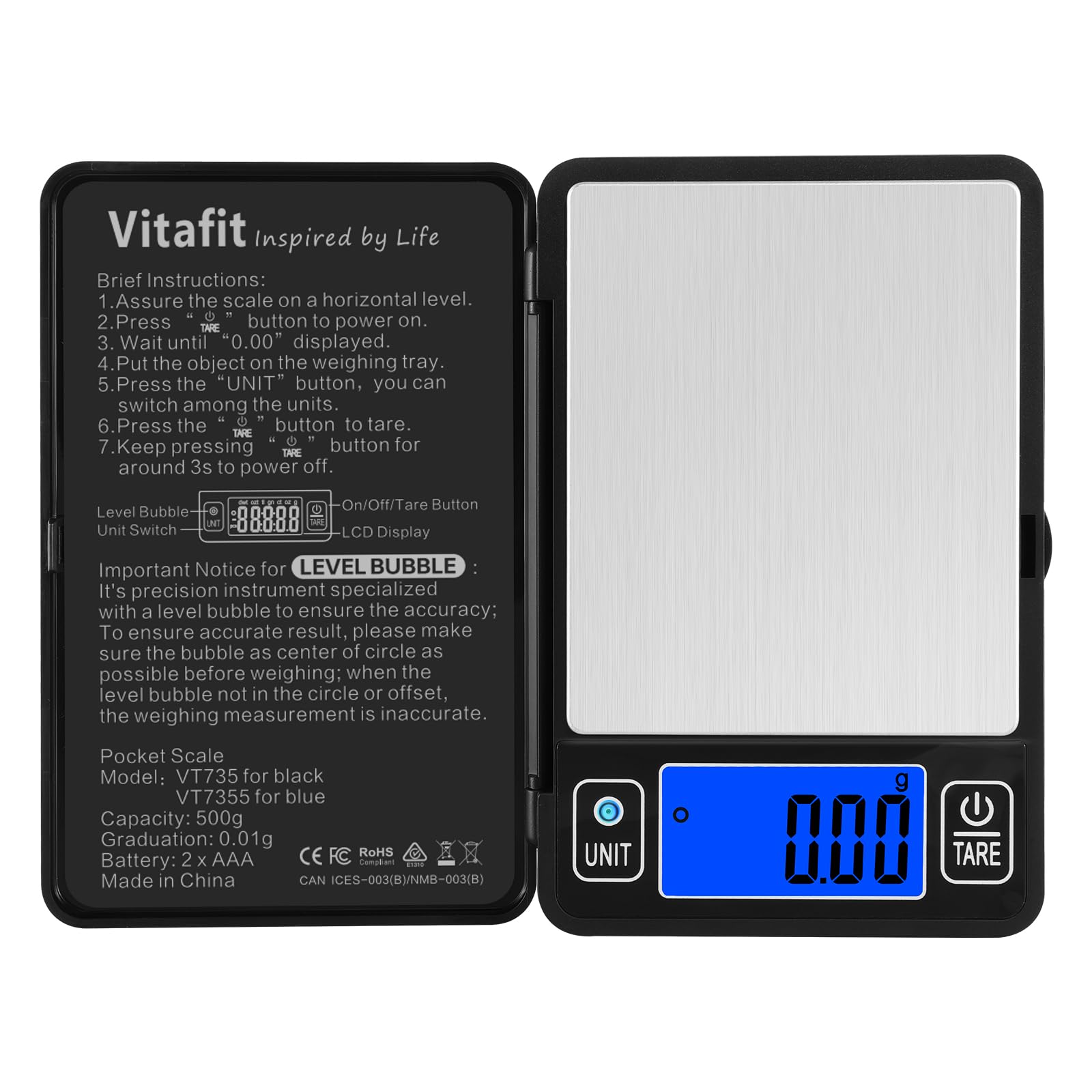 Vitafit 500g Digital Gram Scale in 0.01g, High Accuracy Assured by Built-in Level Bubble, Scale Professional Since 2001, Pocket Scale for Multi-Function: Kitchen, Food, Jewelry, Lab, Coffee, Black