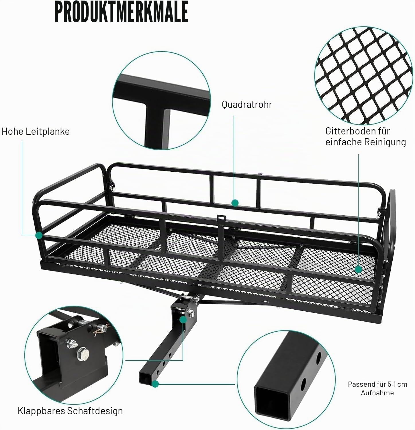 Klappbare Anhängerkupplung Cargo Carrier 60 x 24 x 14 Zoll für RV LKW SUV Van, 227 kg Kapazität, 5,1 cm Empfänger, Schwarz
