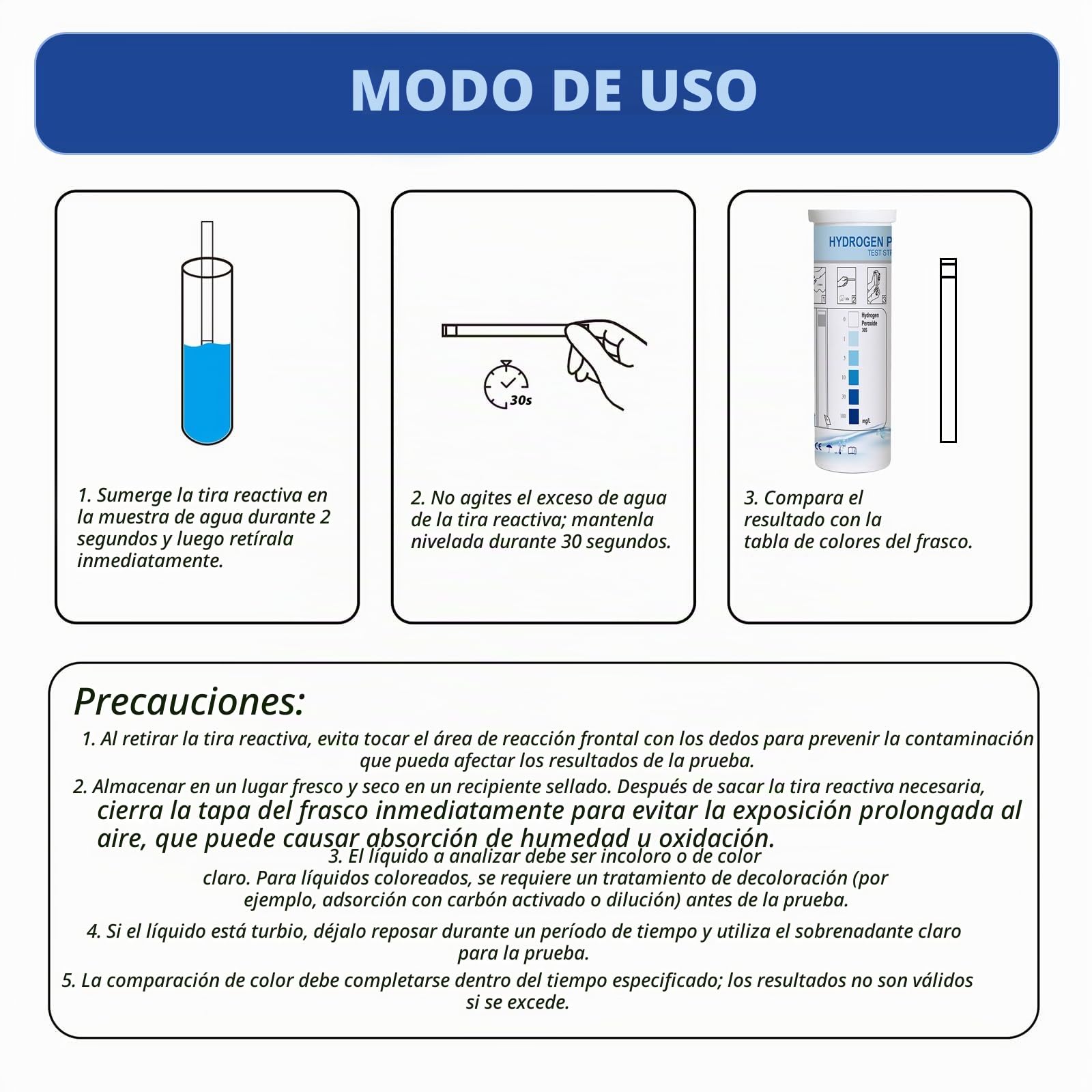 Tiras Reactivas de Peróxido de Hidrógeno 0–100 mg/L, Lectura 30s, Inmersión 2s, 50 Unidades – Test H₂O₂ para Piscina, Spa, Agua Potable, Limpieza y Desinfección
