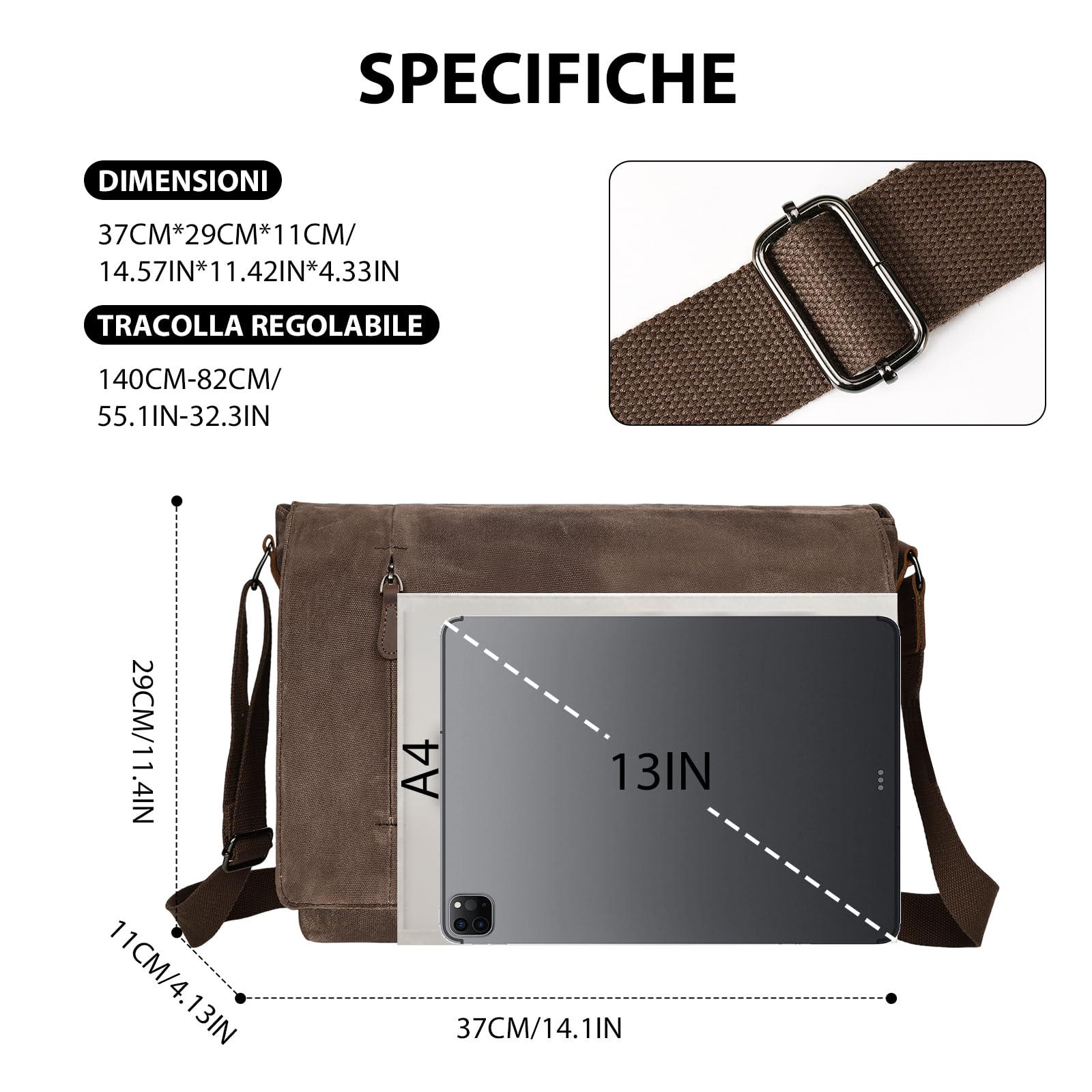 Leathario Borsa a Tracolla Uomo per Laptop 14 Pollici, Modello Messenger in Pelle Vera e Tela per Lavoro, Università e Scuola, Marrone