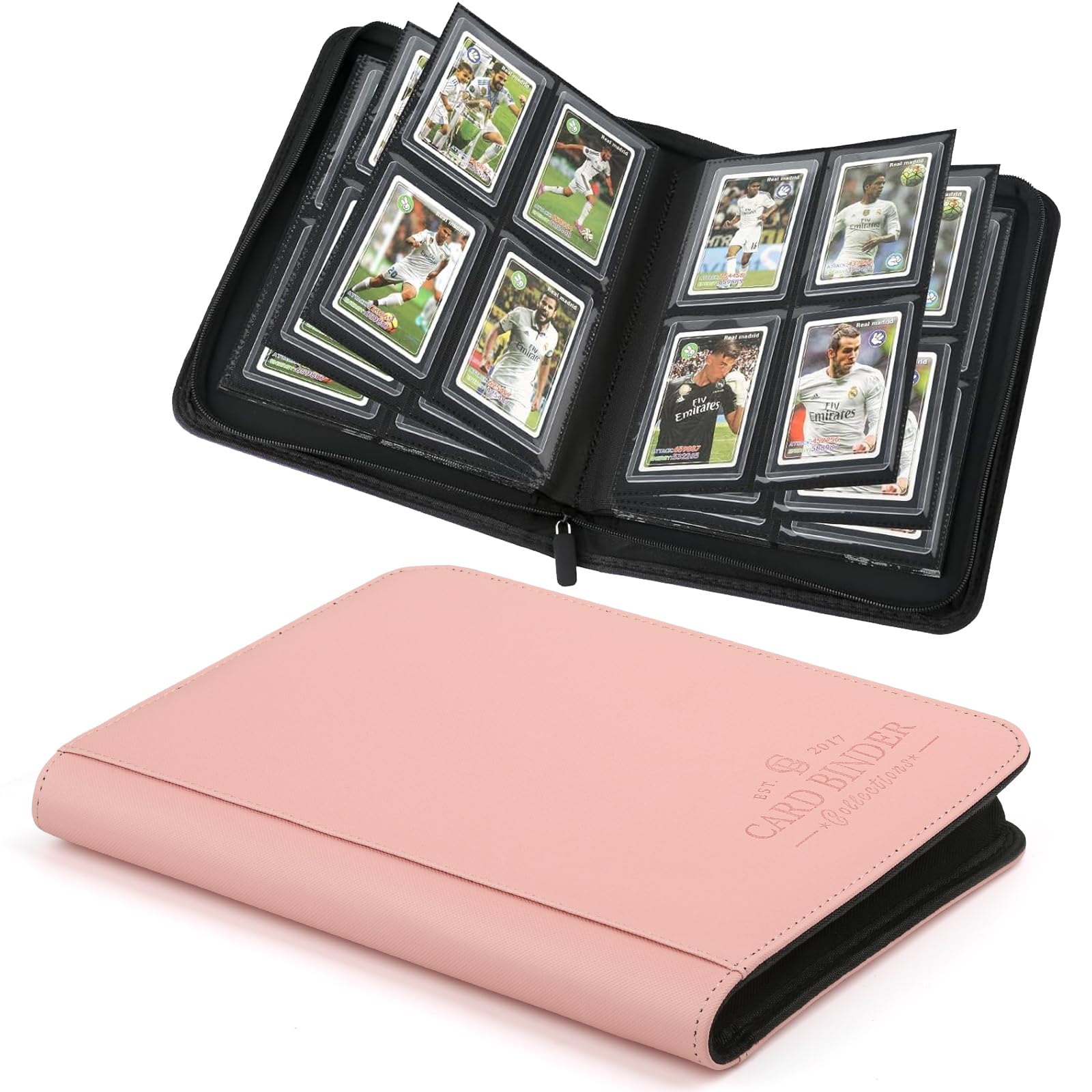 CARDBINDER Toploader Binder, 4 Pocket Trading Card Binder Holds 128 Top Loaders, Premium Zipper Card Storage Case with Double-Sided Pockets for 3x4'' Toploaders, TCG, MTG, Sports Cards.(pink)