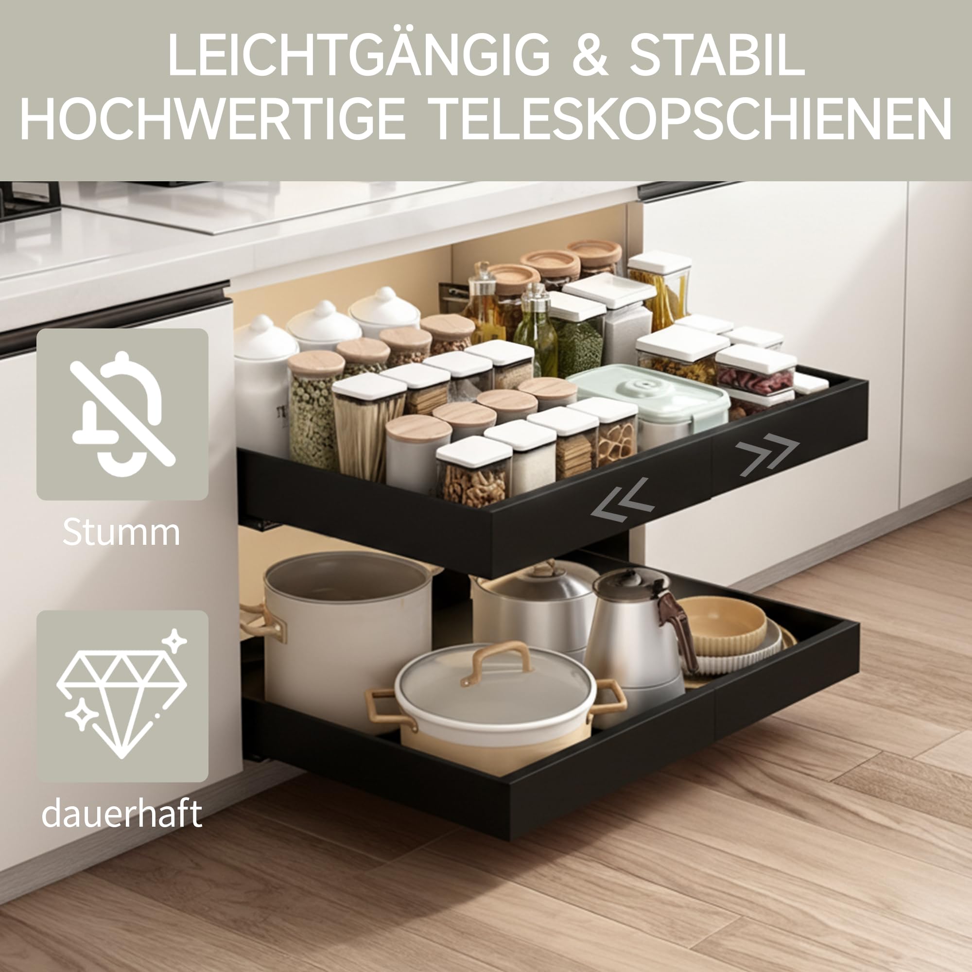 Auszug Küchenschrank 53 cm Tief ohne Bohren 2er-Pack Schubladen organizer Kohlenstoffstahl Teleskopschublade erweiterbare Breite 31-52 cm schwarz
