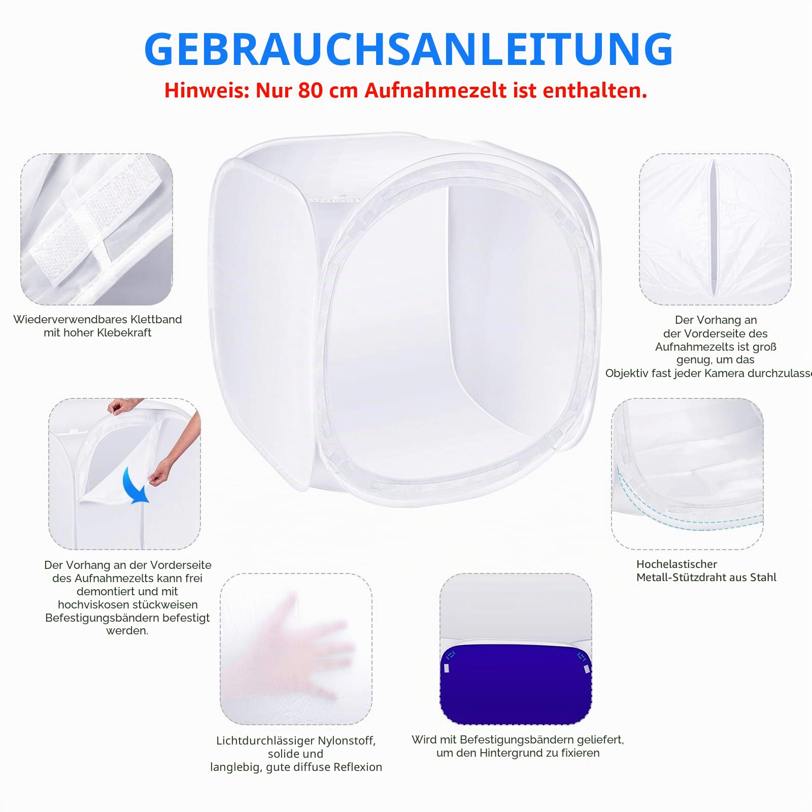 Neewer 24x24 Zoll/ 60x60cm Fotostudio Aufnahme Zelt Lichtwürfel Diffusions Soft Box Set mit 4 Farben Hintergründe(Rot Dunkelblau Schwarz Weiß) für Fotografie – Bild 4