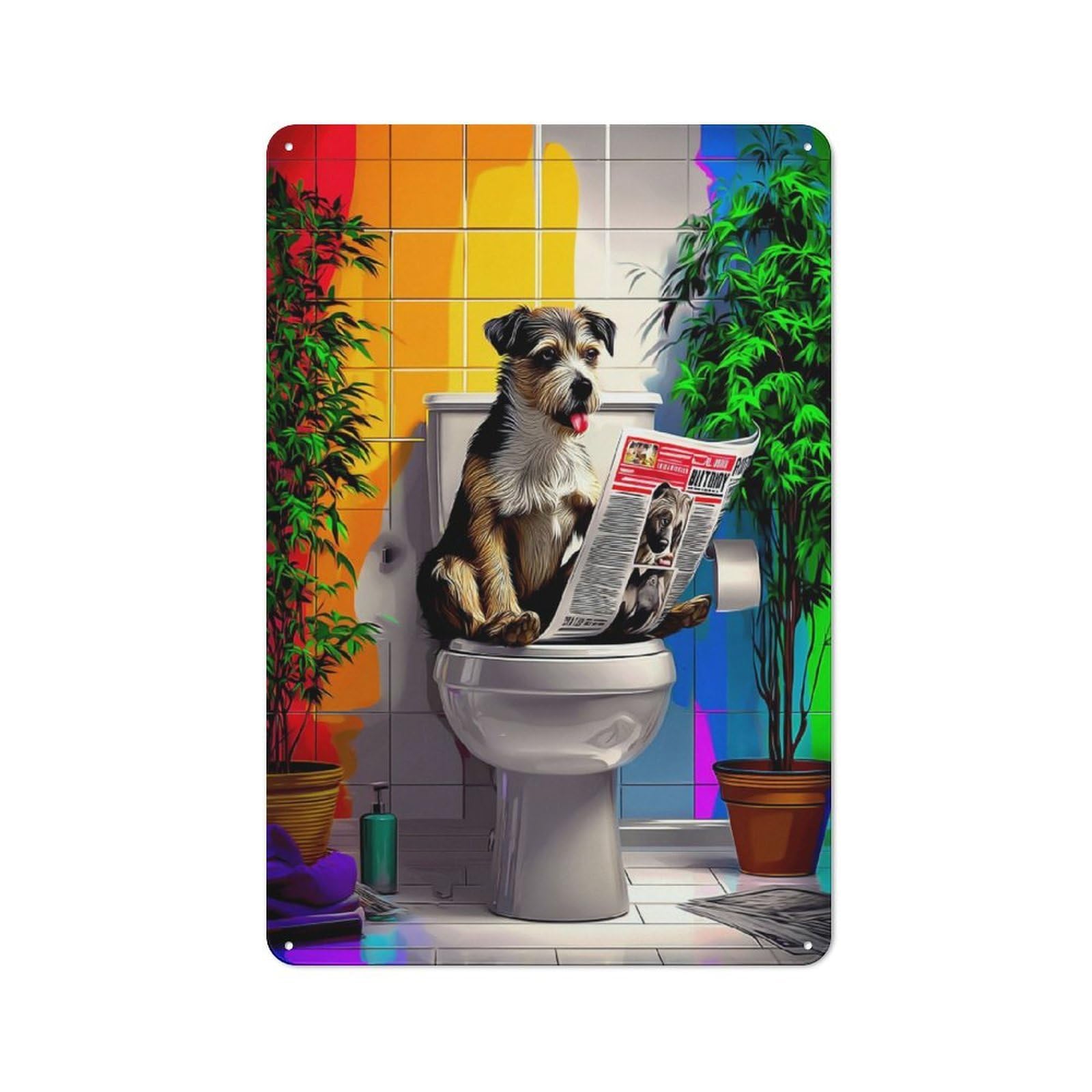 Dog Reading Newspaper on Toilet-3 Old Style Metal Wall Decor 30x20cm, Decorative Tin Plaque for Cafe, Pub, Workshop Or Home Bar