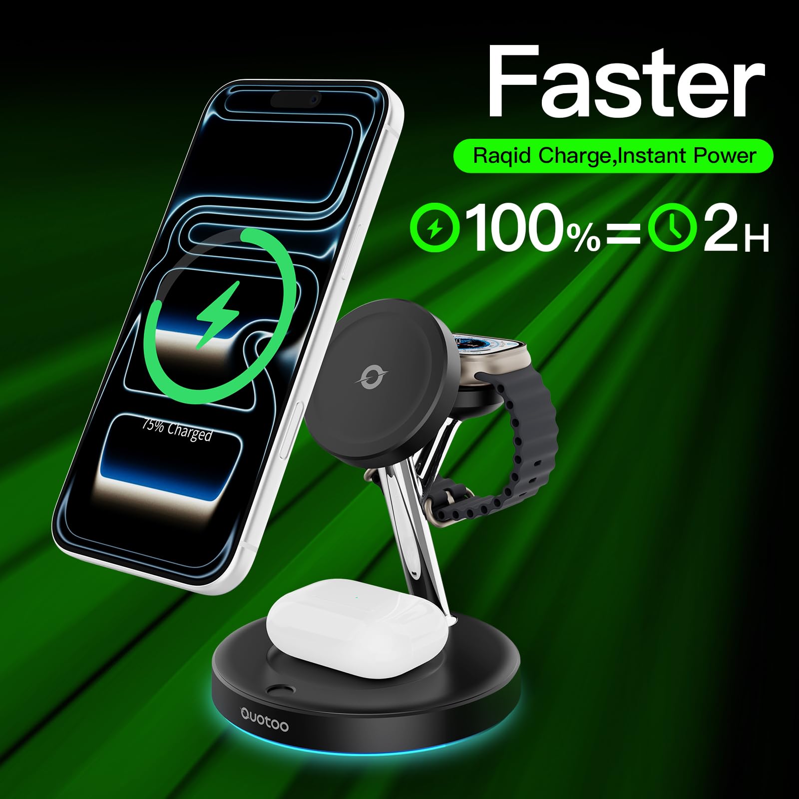 Ouotoo New 3 in 1 Charging Station for Apple Compatible with Magsafe Charger Stand for iPhone 17 16 15 14 13 12 Wireless Charging Station for AirPods Wireless Charger for iWatch Series in use