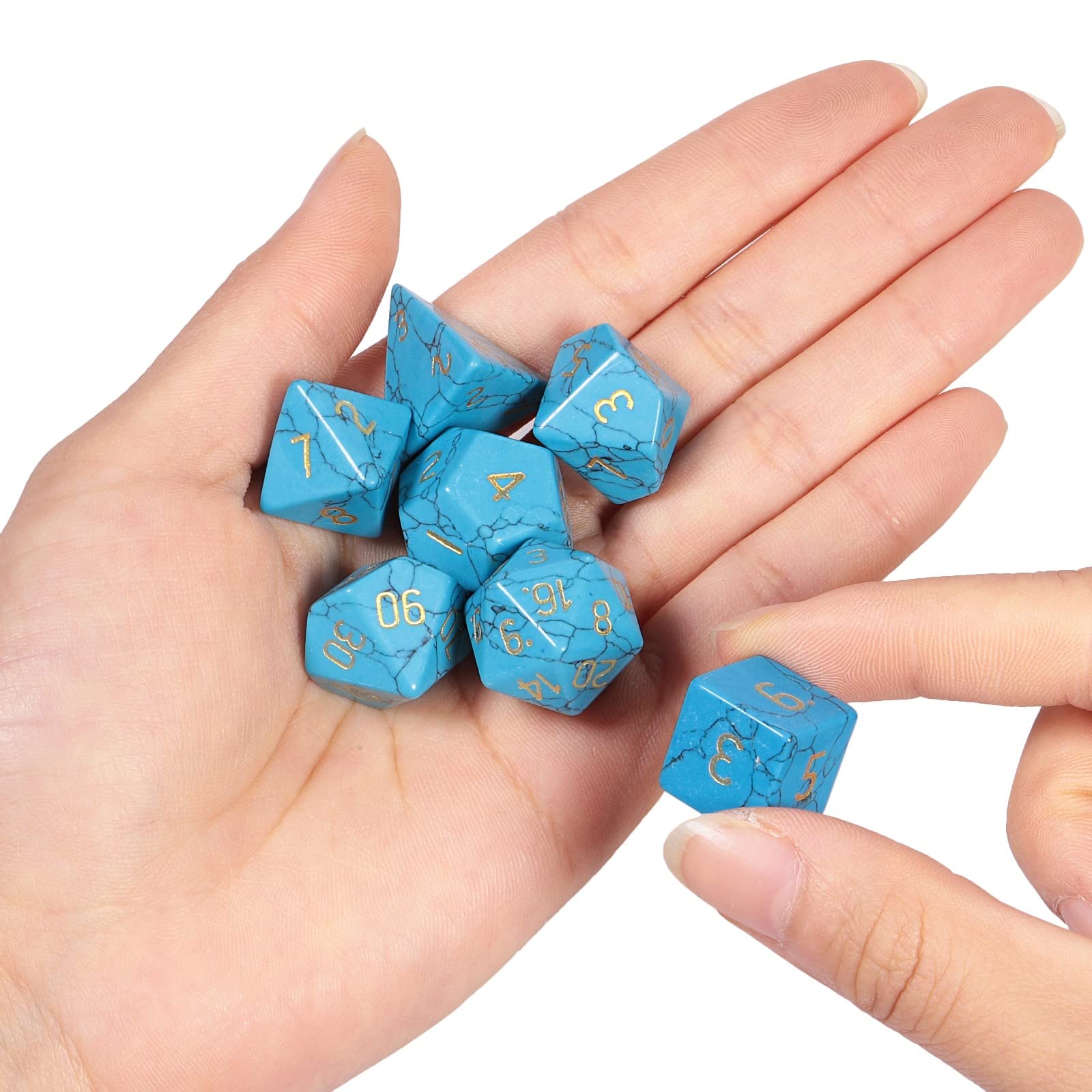 mookaitedecor 7 Stück Howlith Türkis Edelstein Polyedrische Würfel Set | Polierte DND Würfelset, für Dungeons und Dragons, Tabletop Spielwürfel, RPG MTG Tischspiele Rollenspiel Heim Dekoration