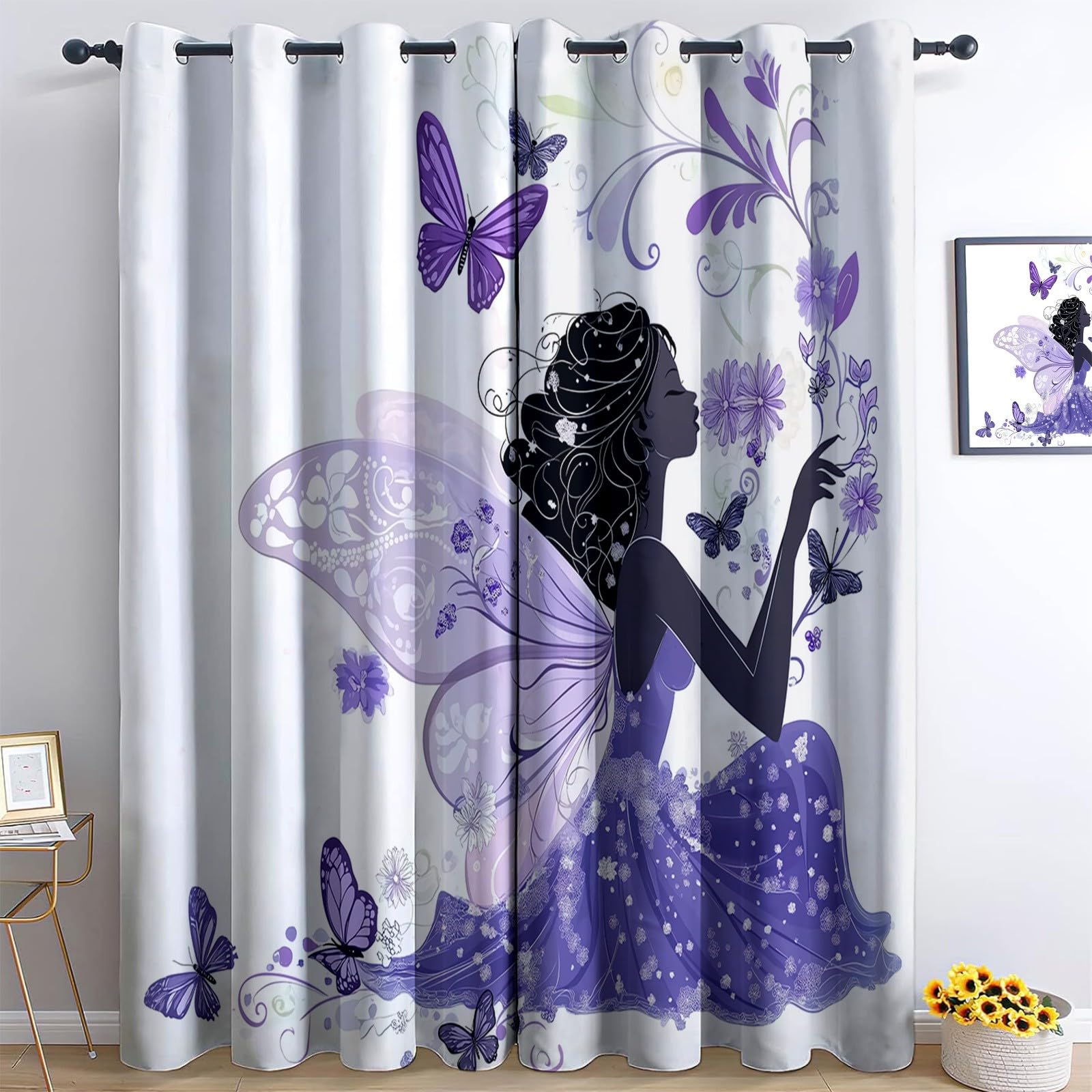 100% Blickdichte Gardinen H215 x B110 cm (2er Set), Traum-Cartoon-Fee, Gegen Hitze und Kälte für ungestörten Schlaf, Lila