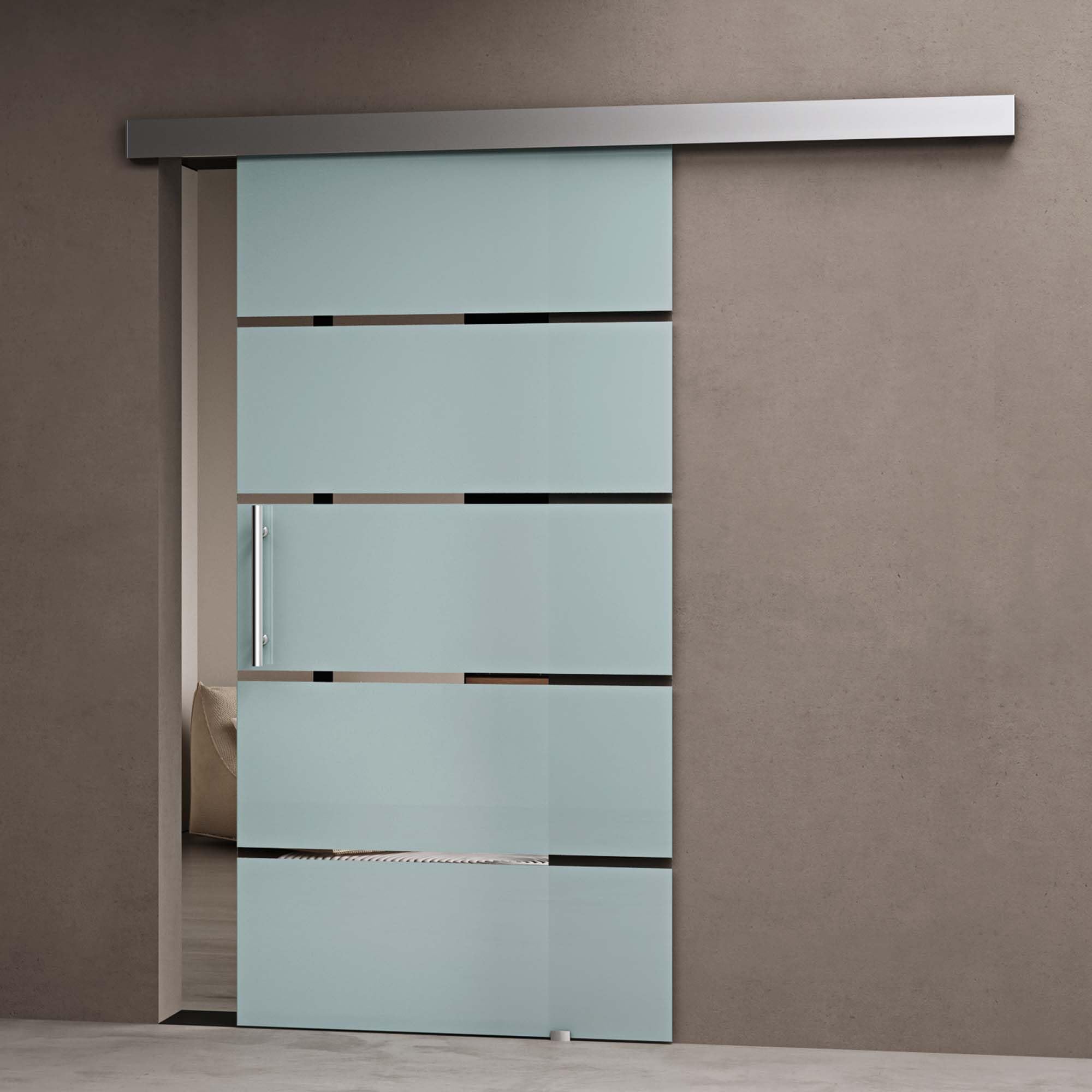 doporro Porta Scorrevole per Interni in Vetro Satinato a Righe 90x215 cm con Binario in Alluminio | Chiusura Ammortizzata e Distanziale da 25 mm - Amalfi13